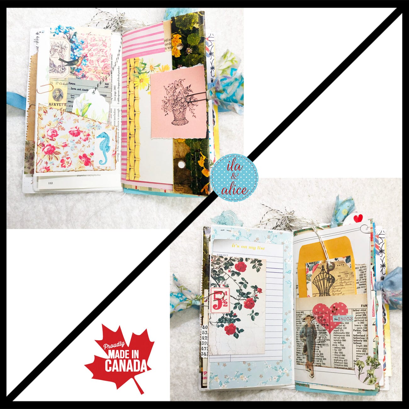 Whimsical Shabby Junk Journal- Blue Vintage Wallpaper with Blue Flowers and Lace