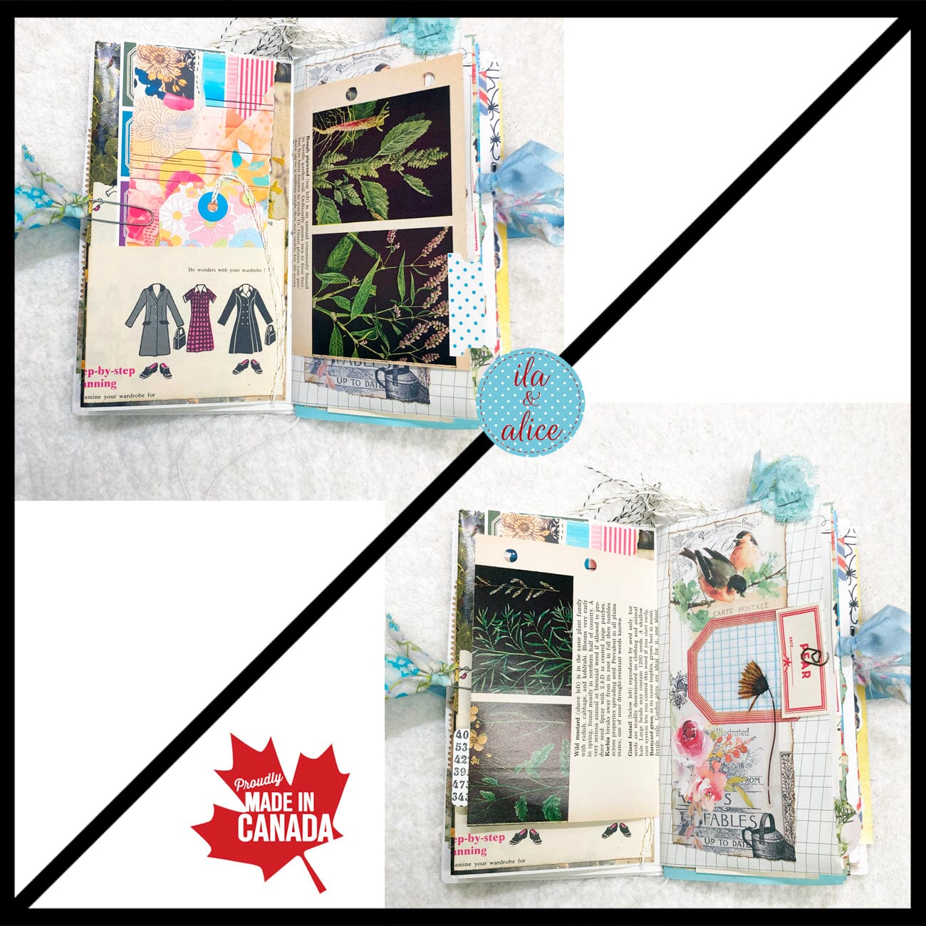 Whimsical Shabby Junk Journal- Blue Vintage Wallpaper with Blue Flowers and Lace