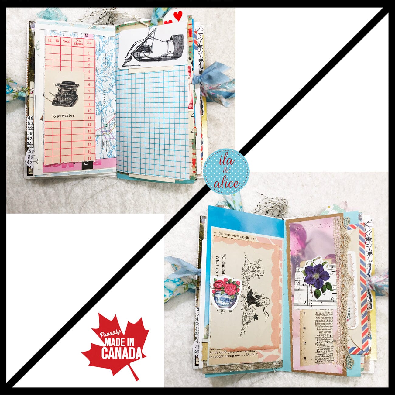 Whimsical Shabby Junk Journal- Blue Vintage Wallpaper with Blue Flowers and Lace