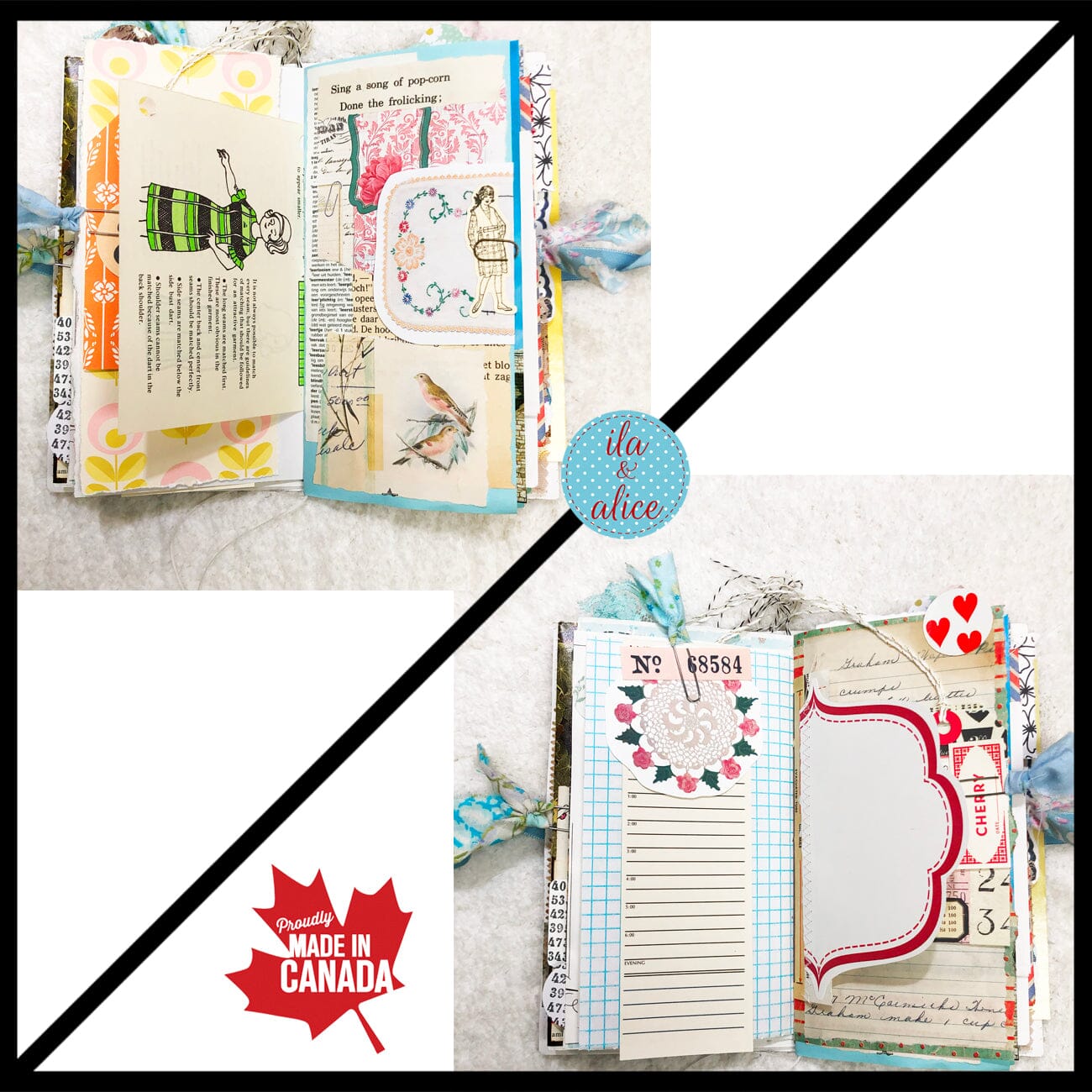 Whimsical Shabby Junk Journal- Blue Vintage Wallpaper with Blue Flowers and Lace