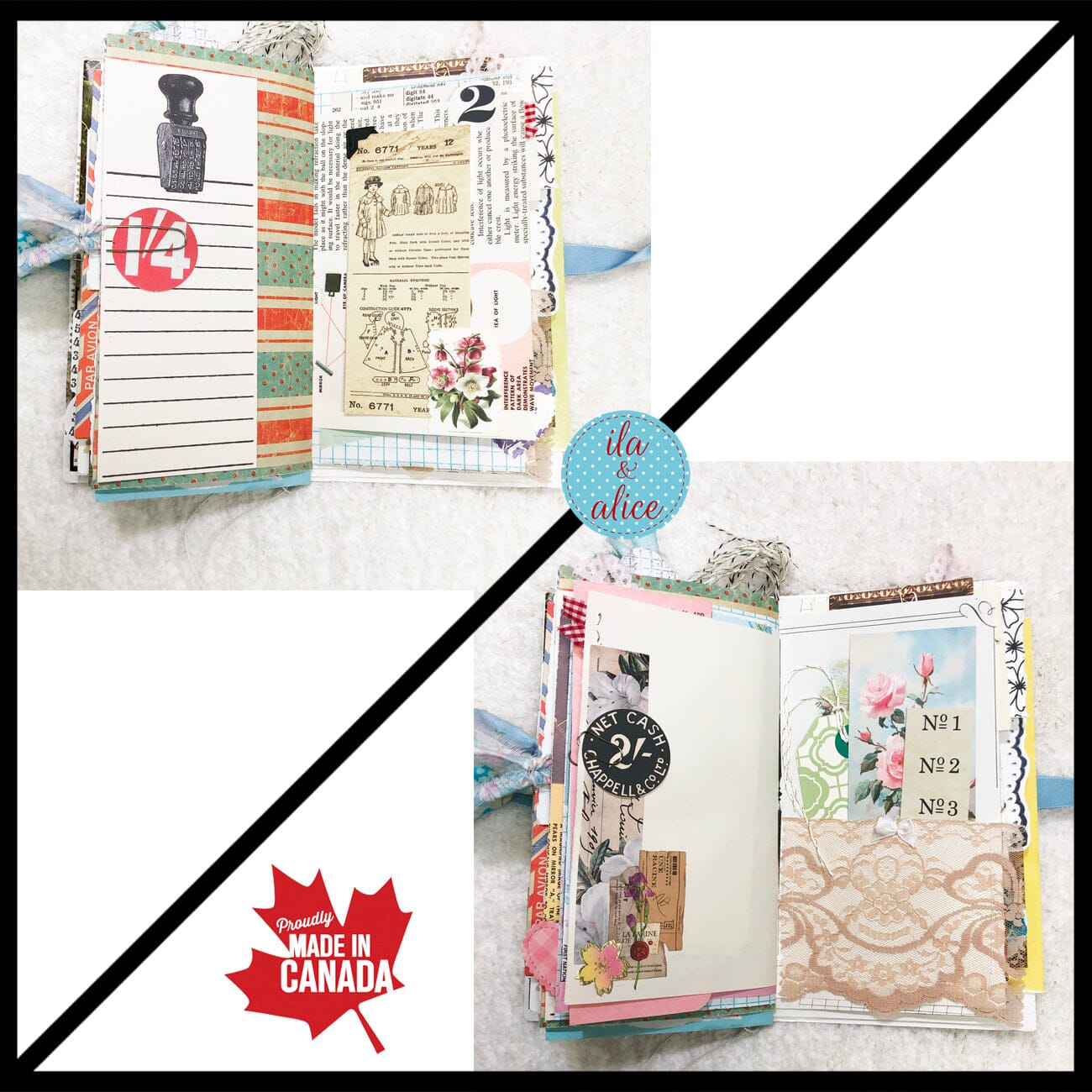 Whimsical Shabby Junk Journal- Blue Vintage Wallpaper with Blue Flowers and Lace