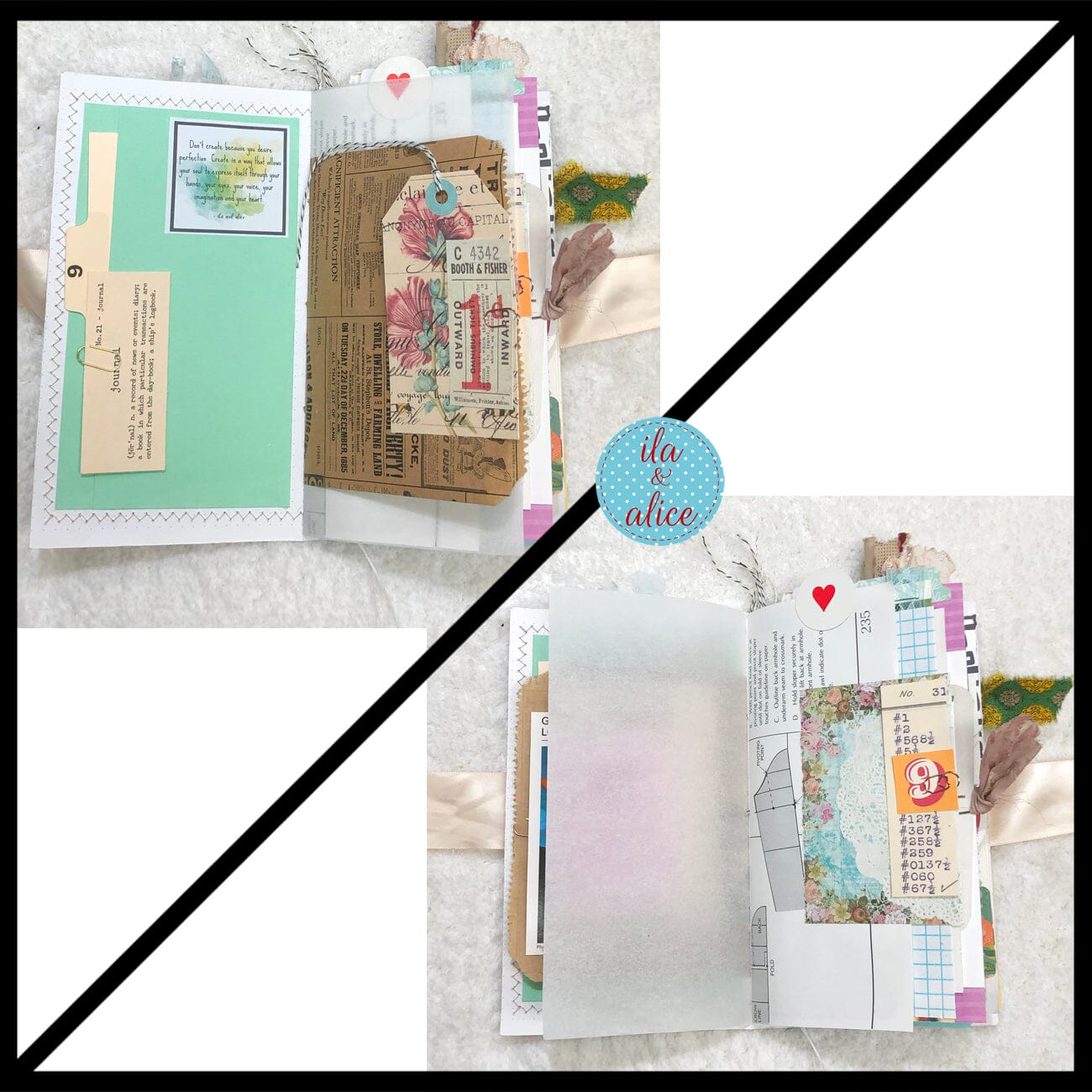 Whimsical Shabby Junk Journal- Elegant Collage with Flowers, Butterfly and Lace