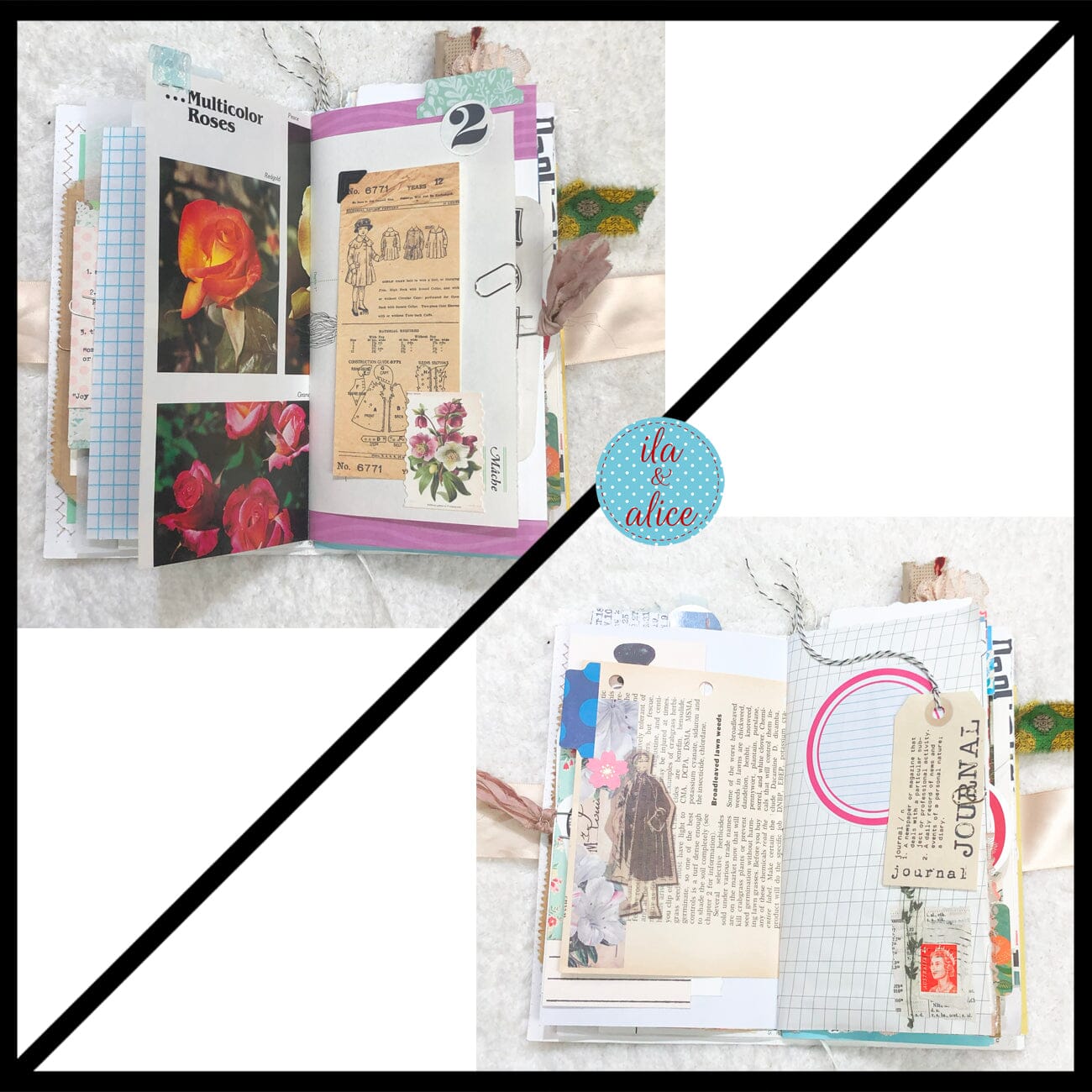 Whimsical Shabby Junk Journal- Elegant Collage with Flowers, Butterfly and Lace