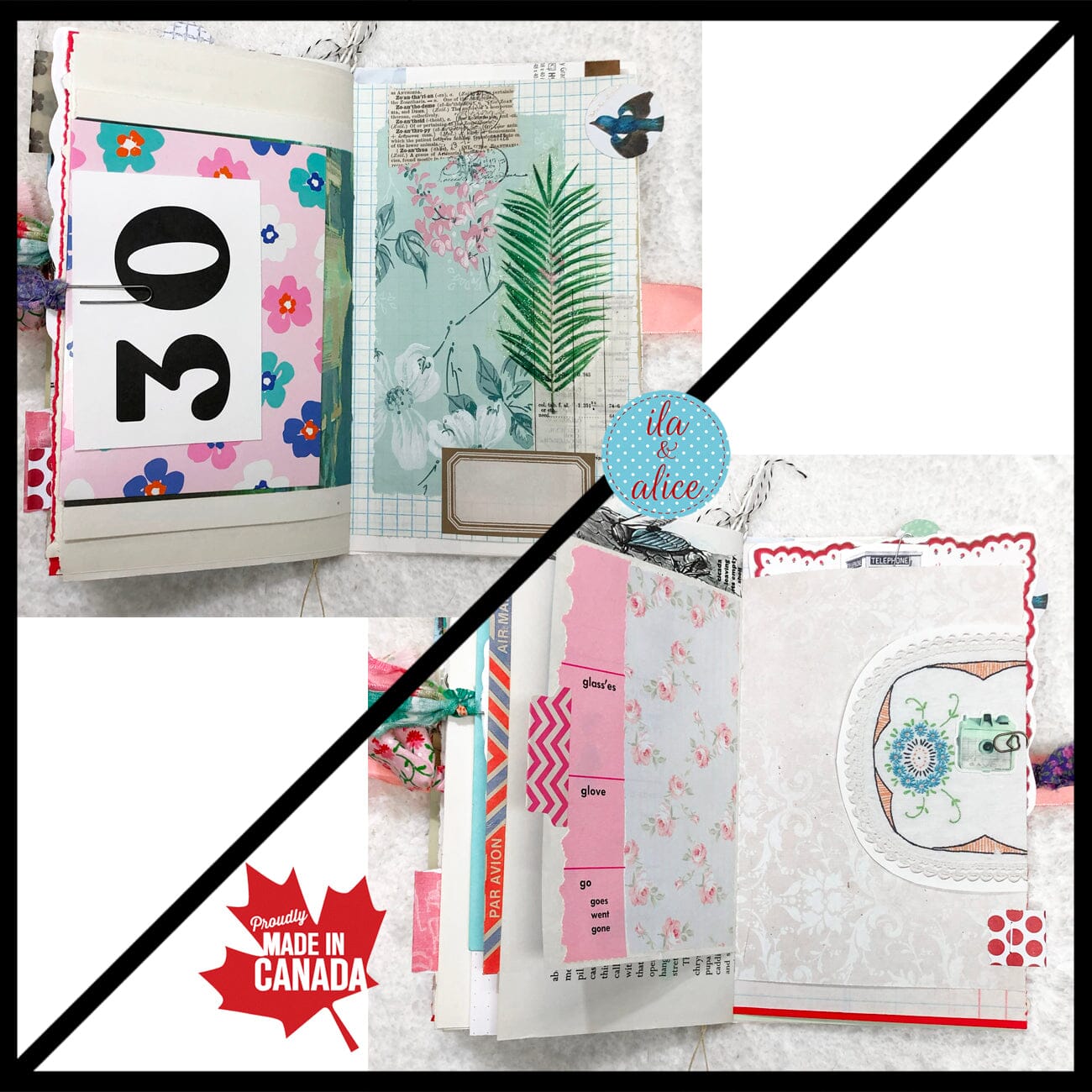 Whimsical Shabby Junk Journal- Pink and Blue Mixed Media w Polka Dots Blue Birds & Daisies