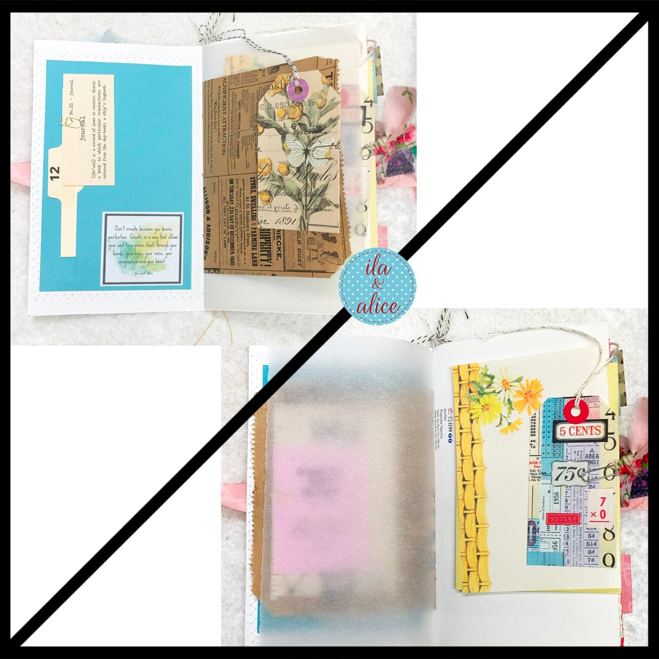 Whimsical Shabby Junk Journal- Pink and Blue Mixed Media w Polka Dots Blue Birds & Daisies