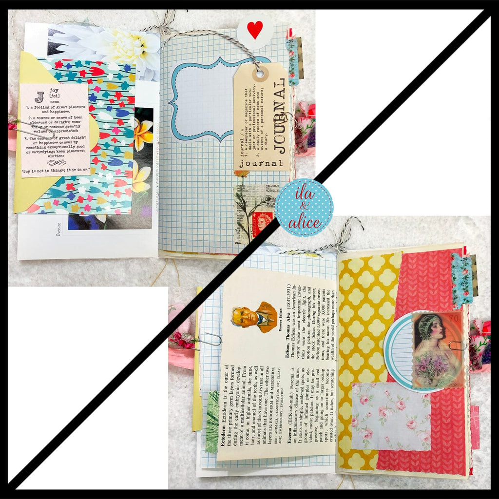 Whimsical Shabby Junk Journal- Pink and Blue Mixed Media w Polka Dots Blue Birds & Daisies