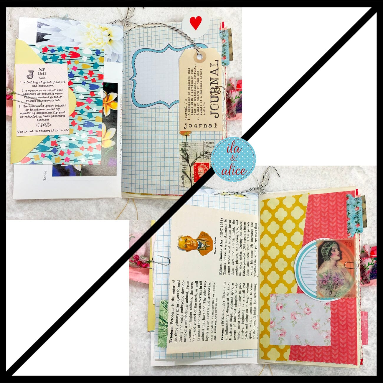 Whimsical Shabby Junk Journal- Pink and Blue Mixed Media w Polka Dots Blue Birds & Daisies