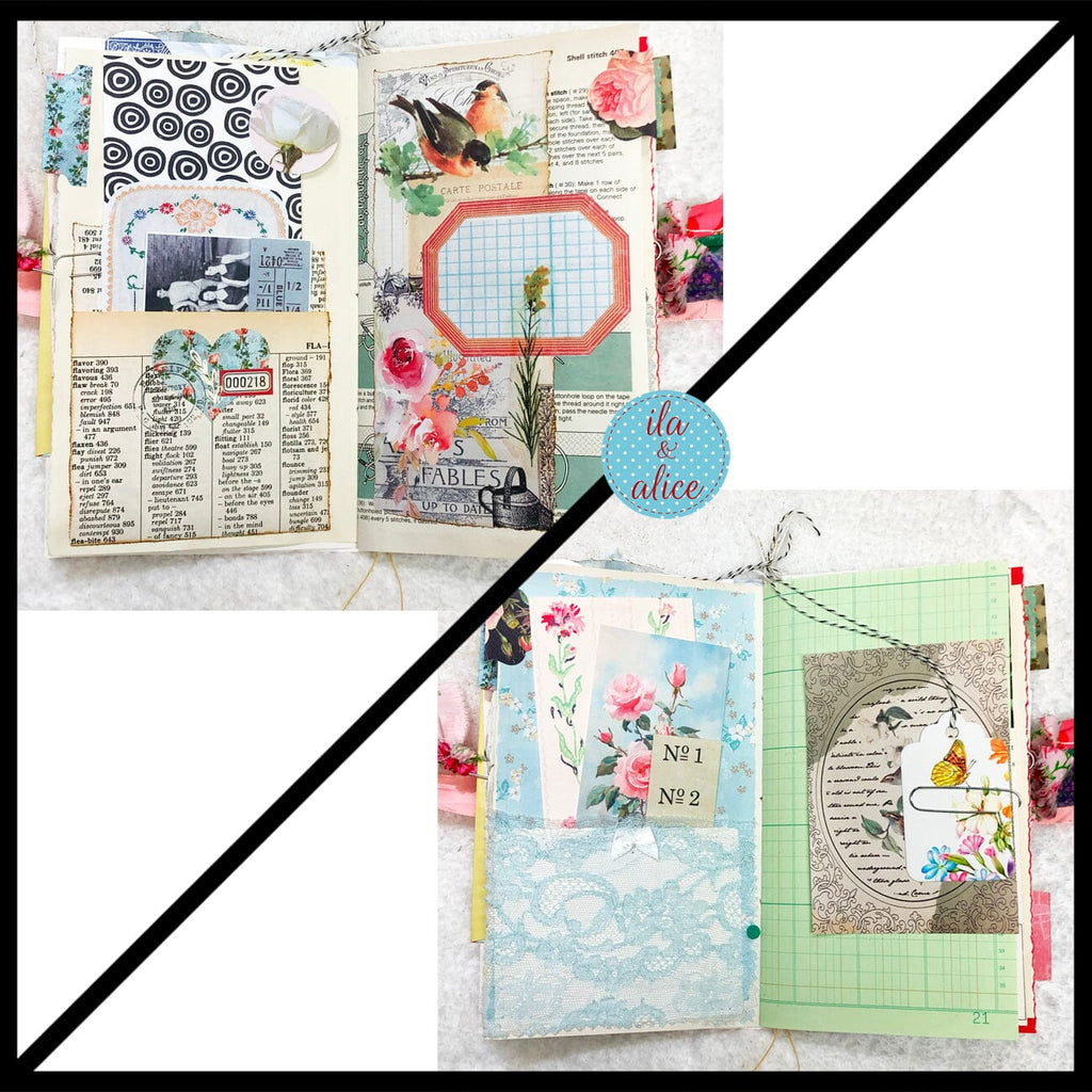 Whimsical Shabby Junk Journal- Pink and Blue Mixed Media w Polka Dots Blue Birds & Daisies