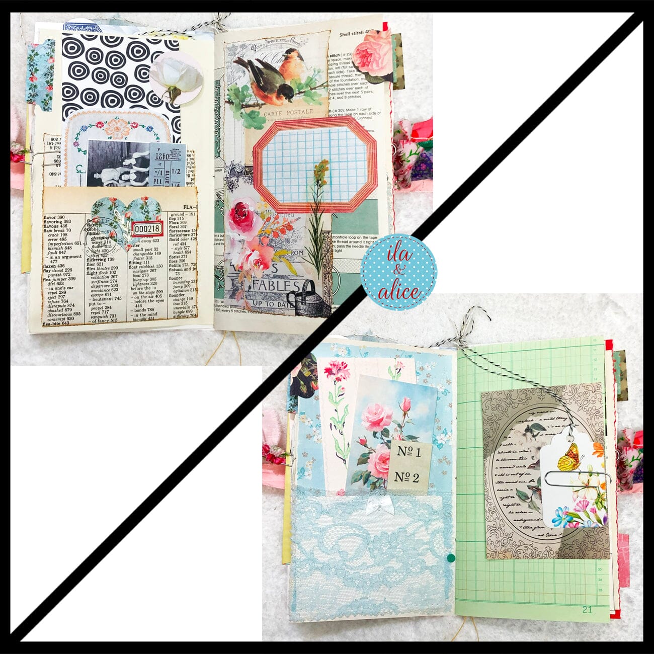 Whimsical Shabby Junk Journal- Pink and Blue Mixed Media w Polka Dots Blue Birds & Daisies