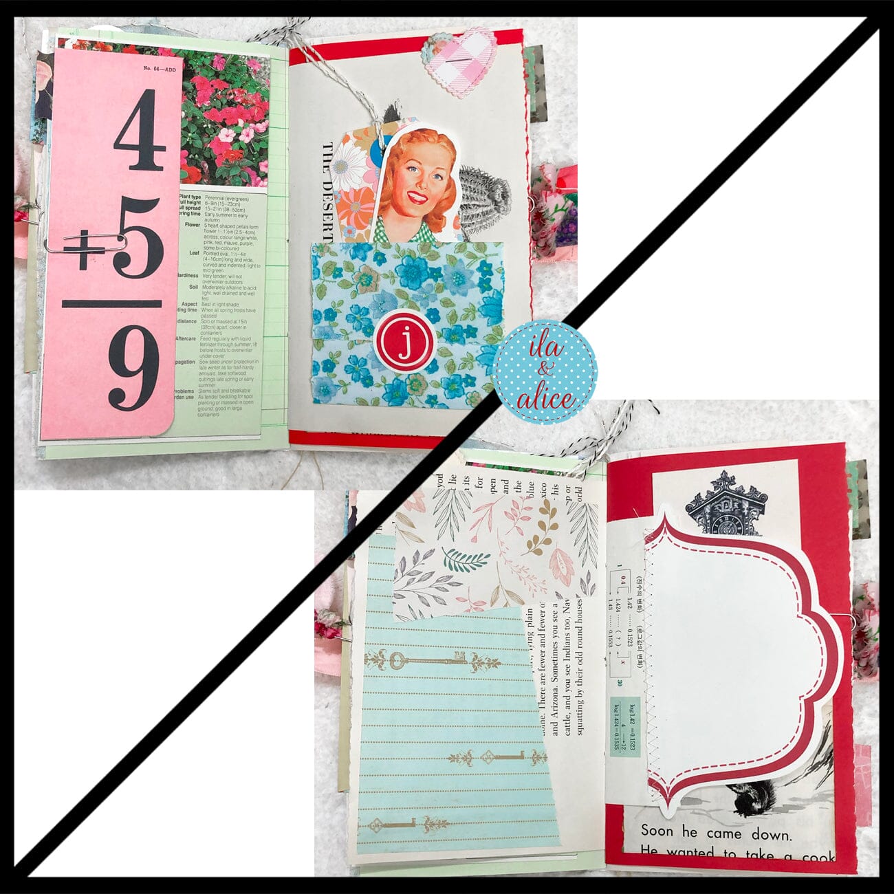 Whimsical Shabby Junk Journal- Pink and Blue Mixed Media w Polka Dots Blue Birds & Daisies