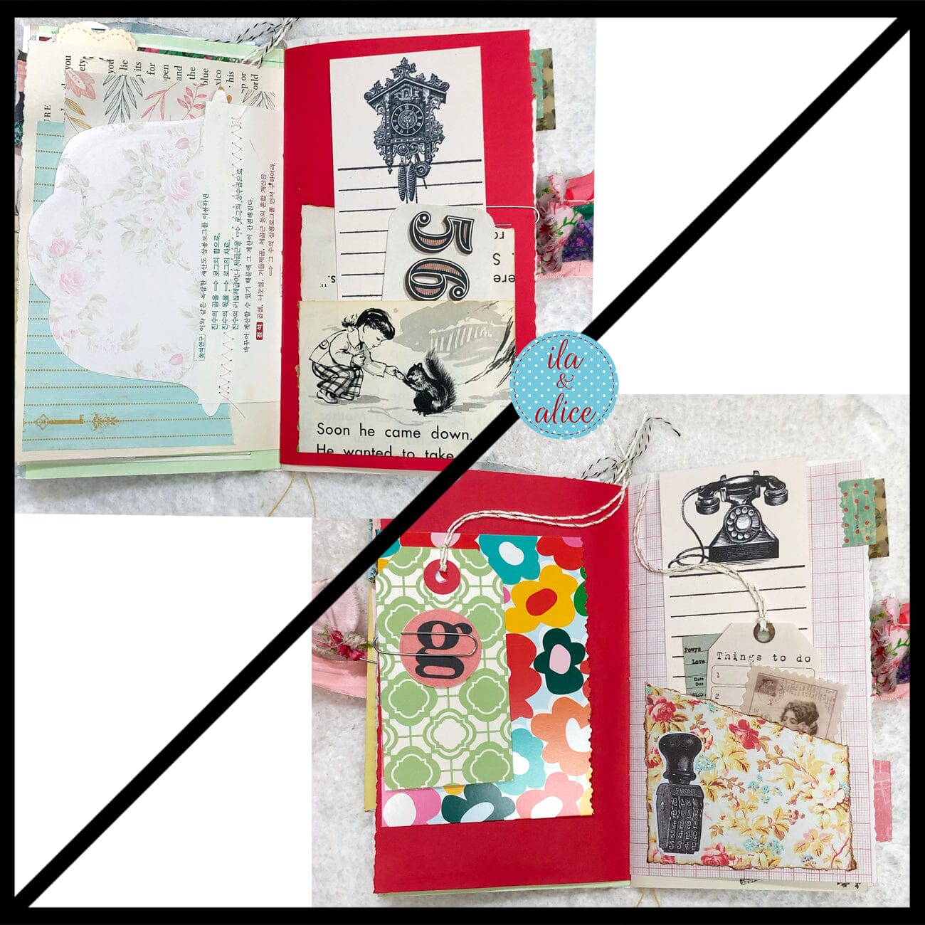 Whimsical Shabby Junk Journal- Pink and Blue Mixed Media w Polka Dots Blue Birds & Daisies