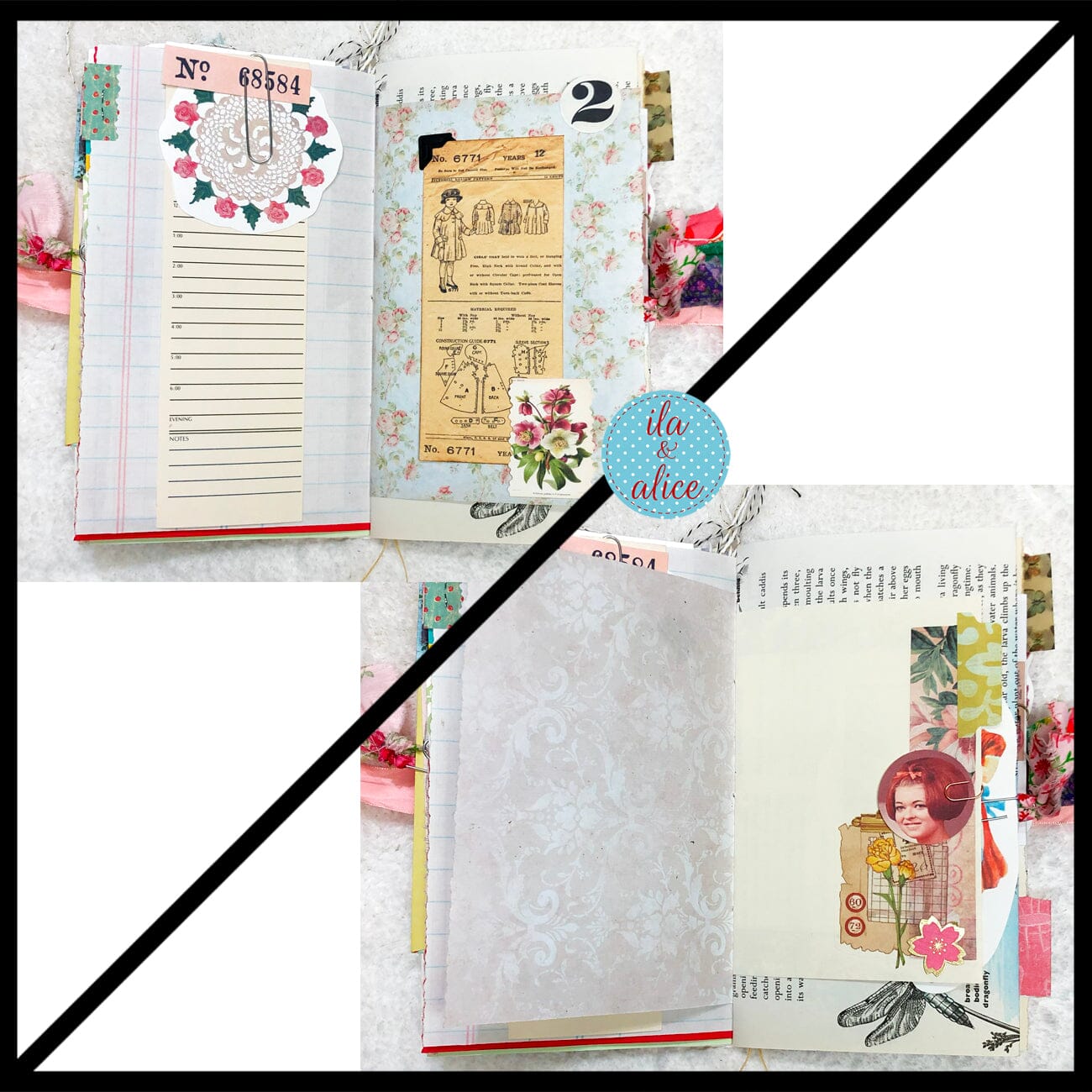 Whimsical Shabby Junk Journal- Pink and Blue Mixed Media w Polka Dots Blue Birds & Daisies