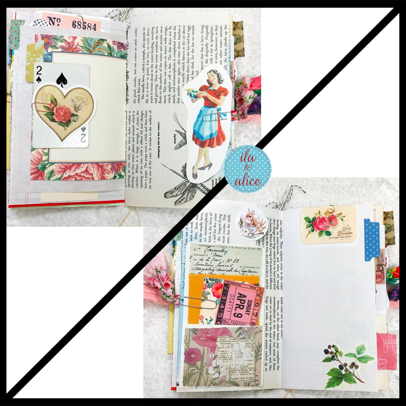 Whimsical Shabby Junk Journal- Pink and Blue Mixed Media w Polka Dots Blue Birds & Daisies