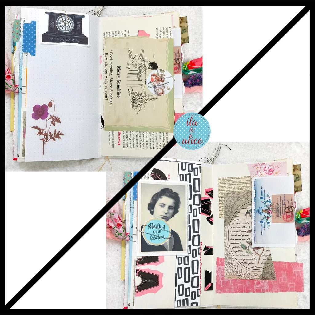 Whimsical Shabby Junk Journal- Pink and Blue Mixed Media w Polka Dots Blue Birds & Daisies