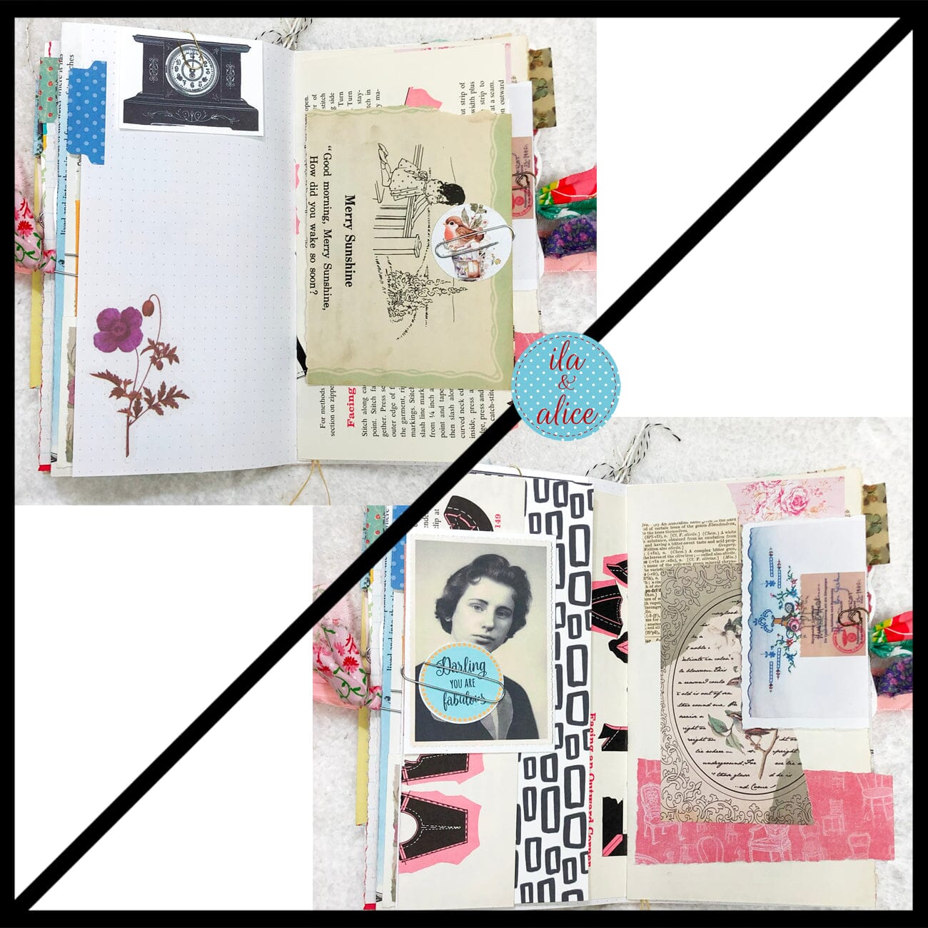 Whimsical Shabby Junk Journal- Pink and Blue Mixed Media w Polka Dots Blue Birds & Daisies