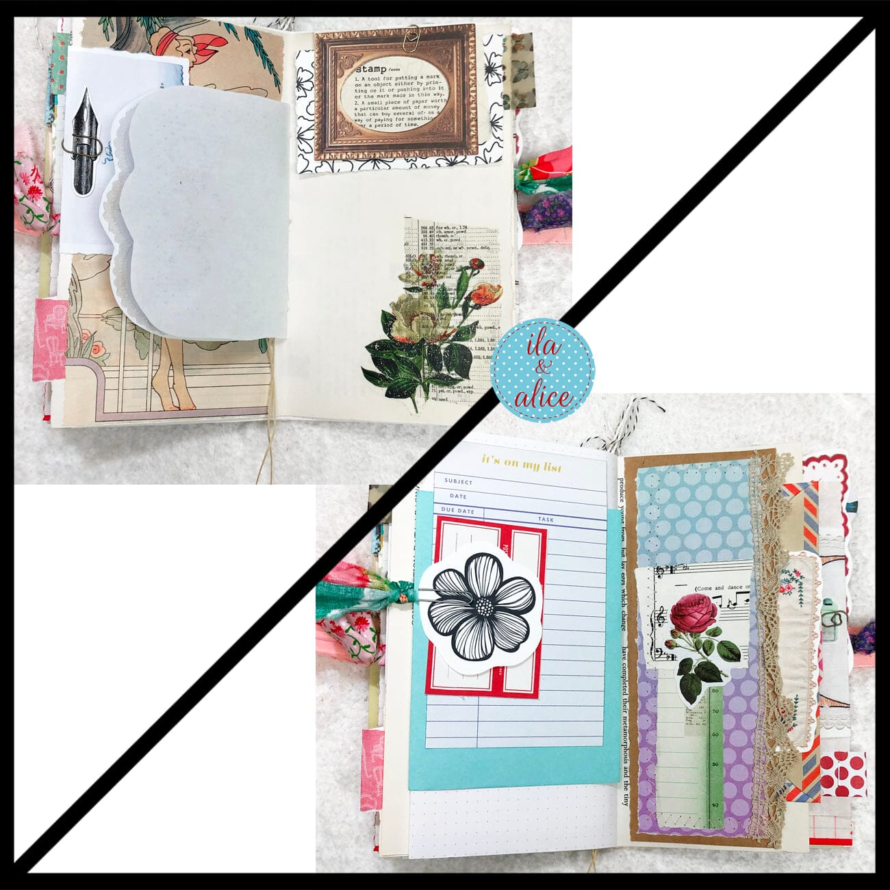 Whimsical Shabby Junk Journal- Pink and Blue Mixed Media w Polka Dots Blue Birds & Daisies