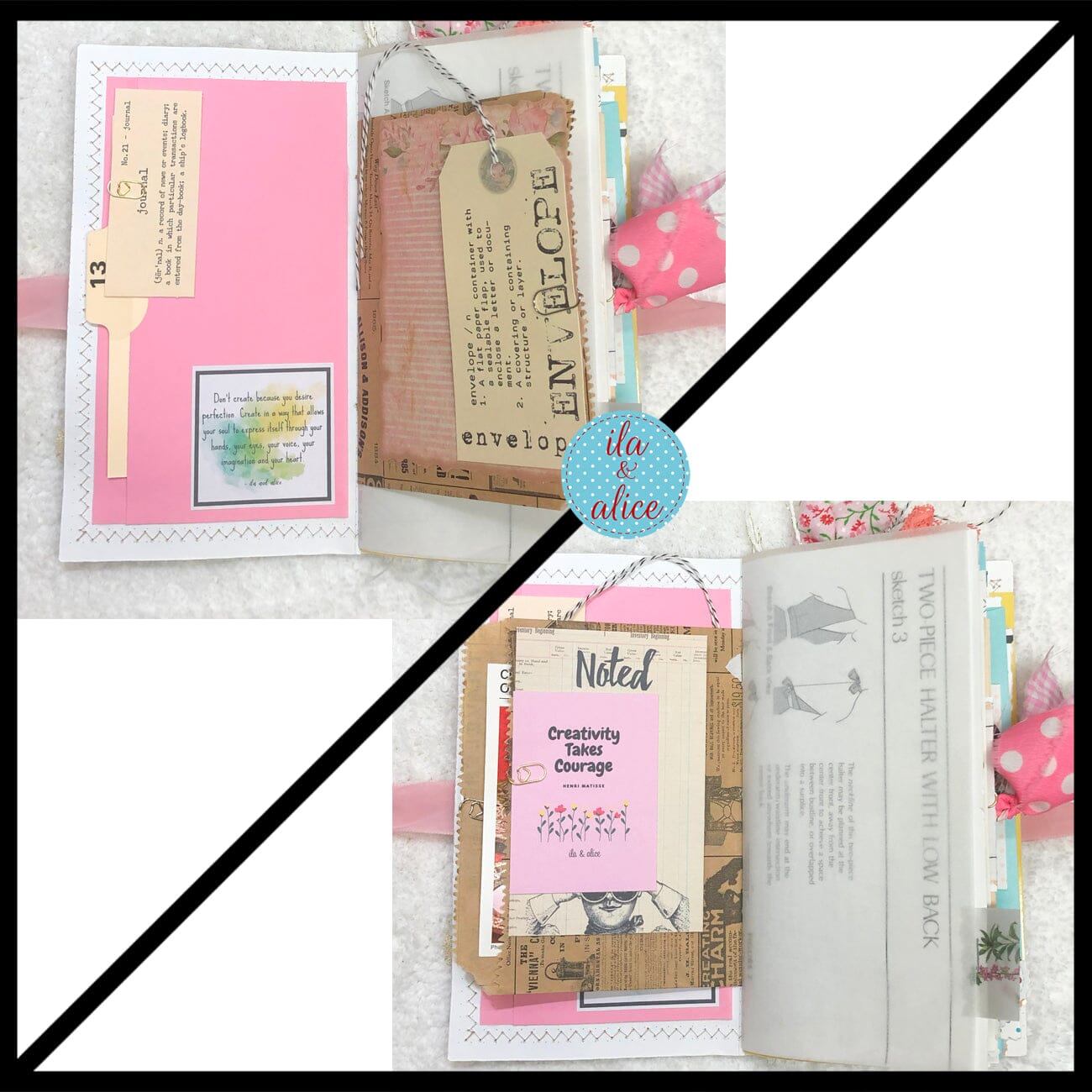 Whimsical Shabby Junk Journal- Pink and Blue Floral with White Eyelet Lace & Pink Roses