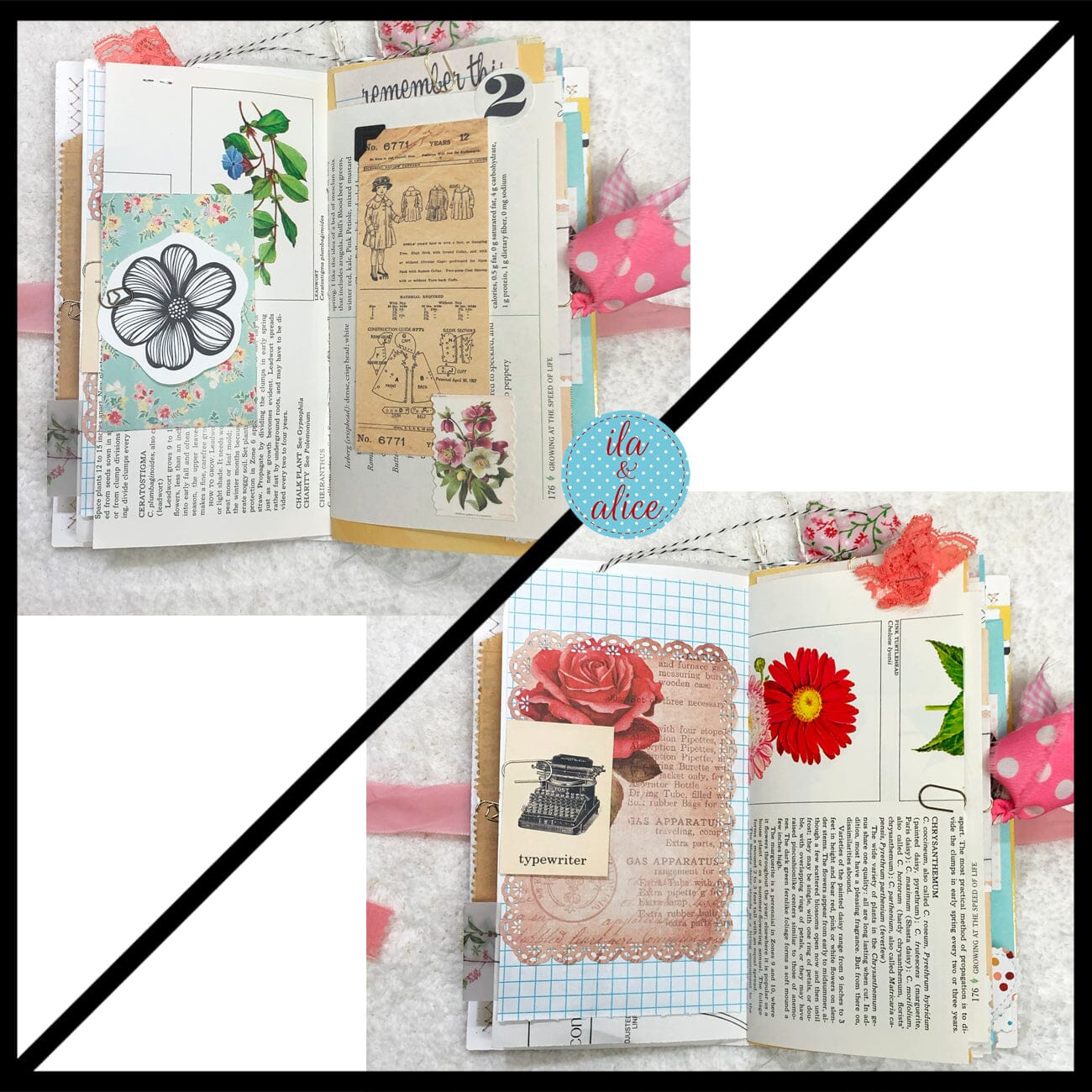 Whimsical Shabby Junk Journal- Pink and Blue Floral with White Eyelet Lace & Pink Roses