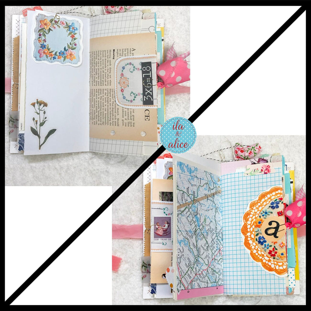 Whimsical Shabby Junk Journal- Pink and Blue Floral with White Eyelet Lace & Pink Roses