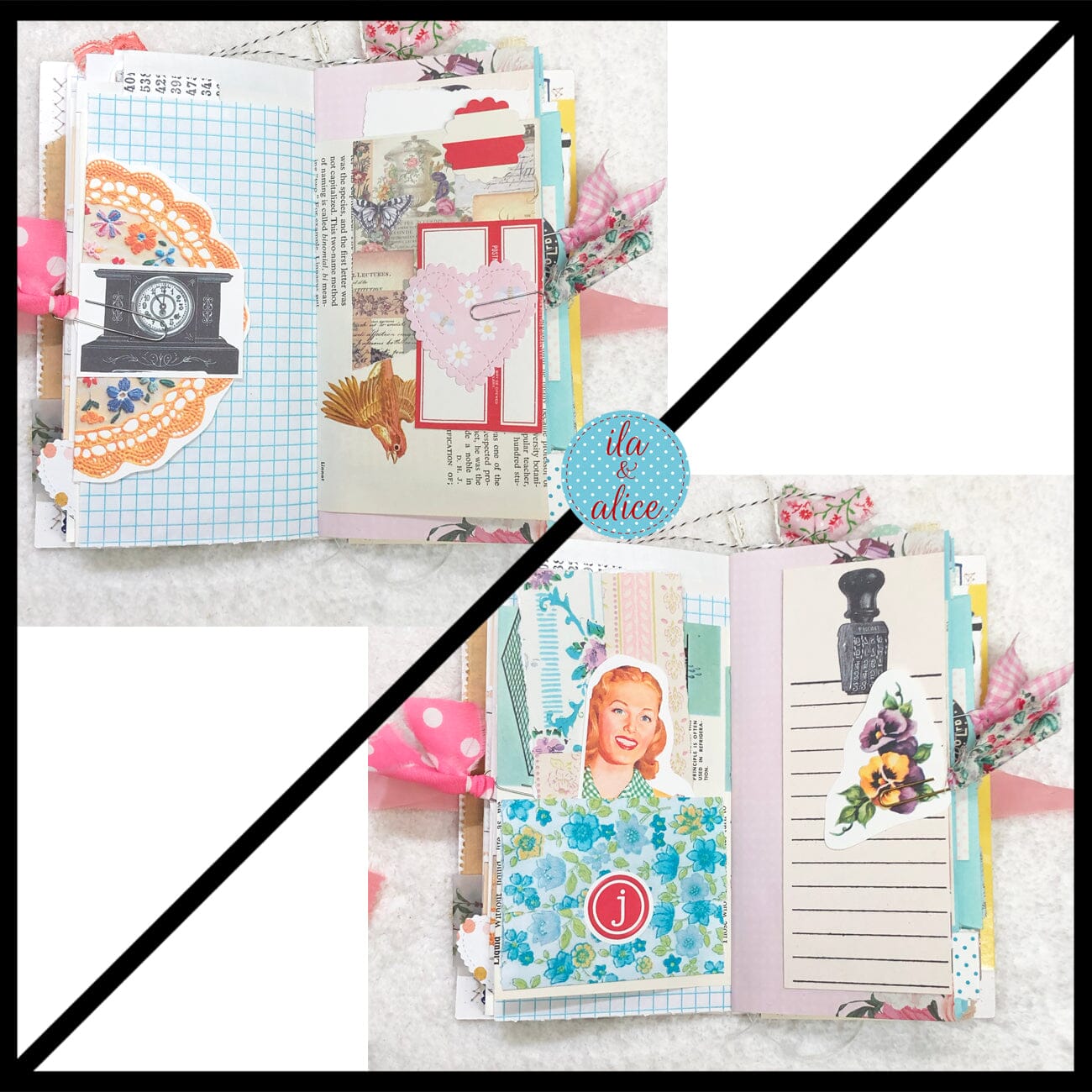 Whimsical Shabby Junk Journal- Pink and Blue Floral with White Eyelet Lace & Pink Roses