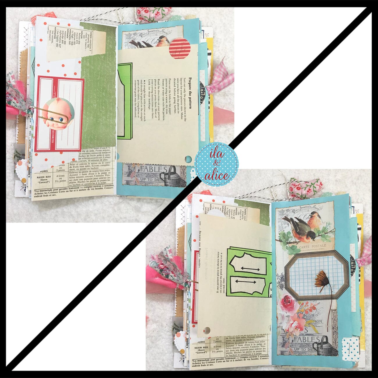 Whimsical Shabby Junk Journal- Pink and Blue Floral with White Eyelet Lace & Pink Roses