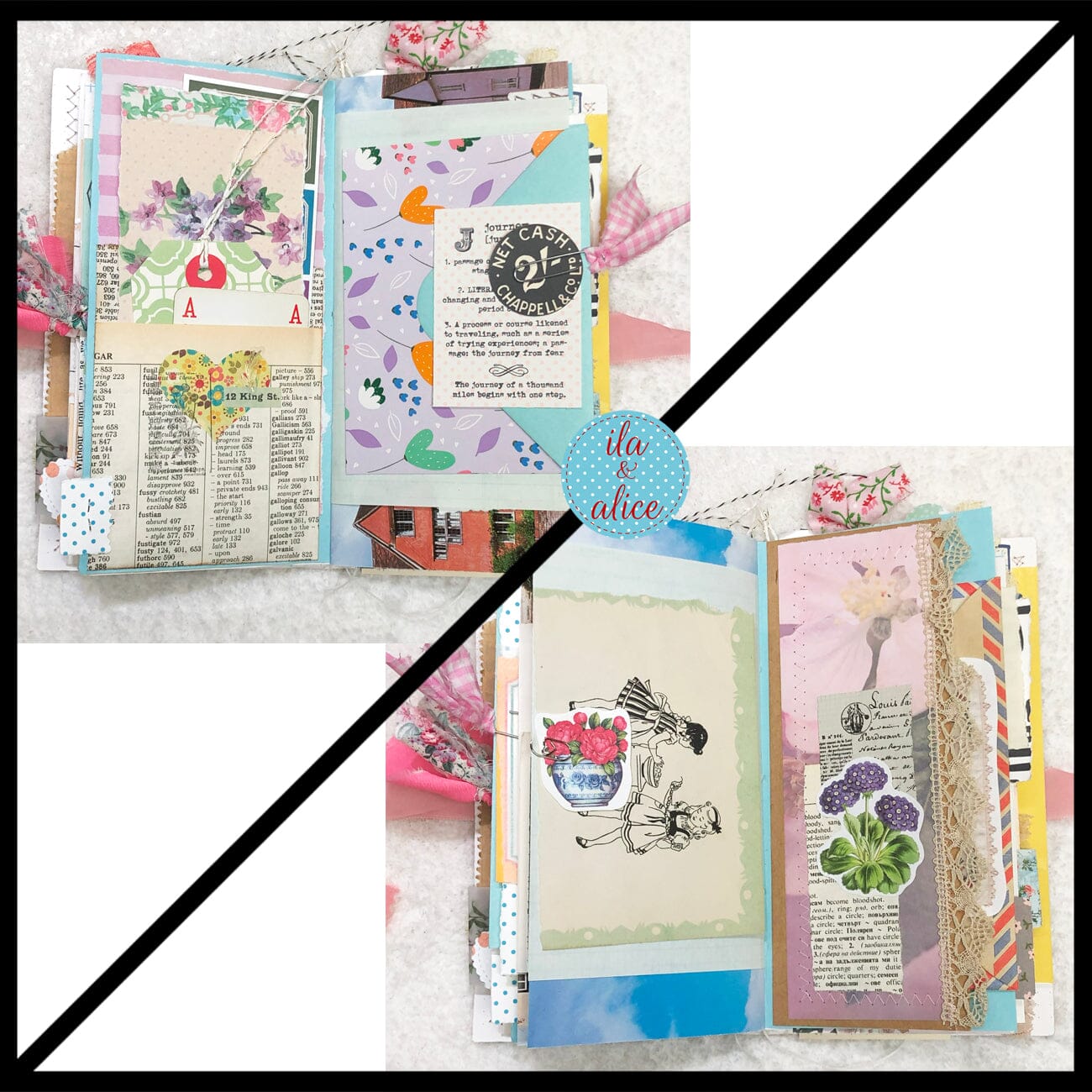 Whimsical Shabby Junk Journal- Pink and Blue Floral with White Eyelet Lace & Pink Roses