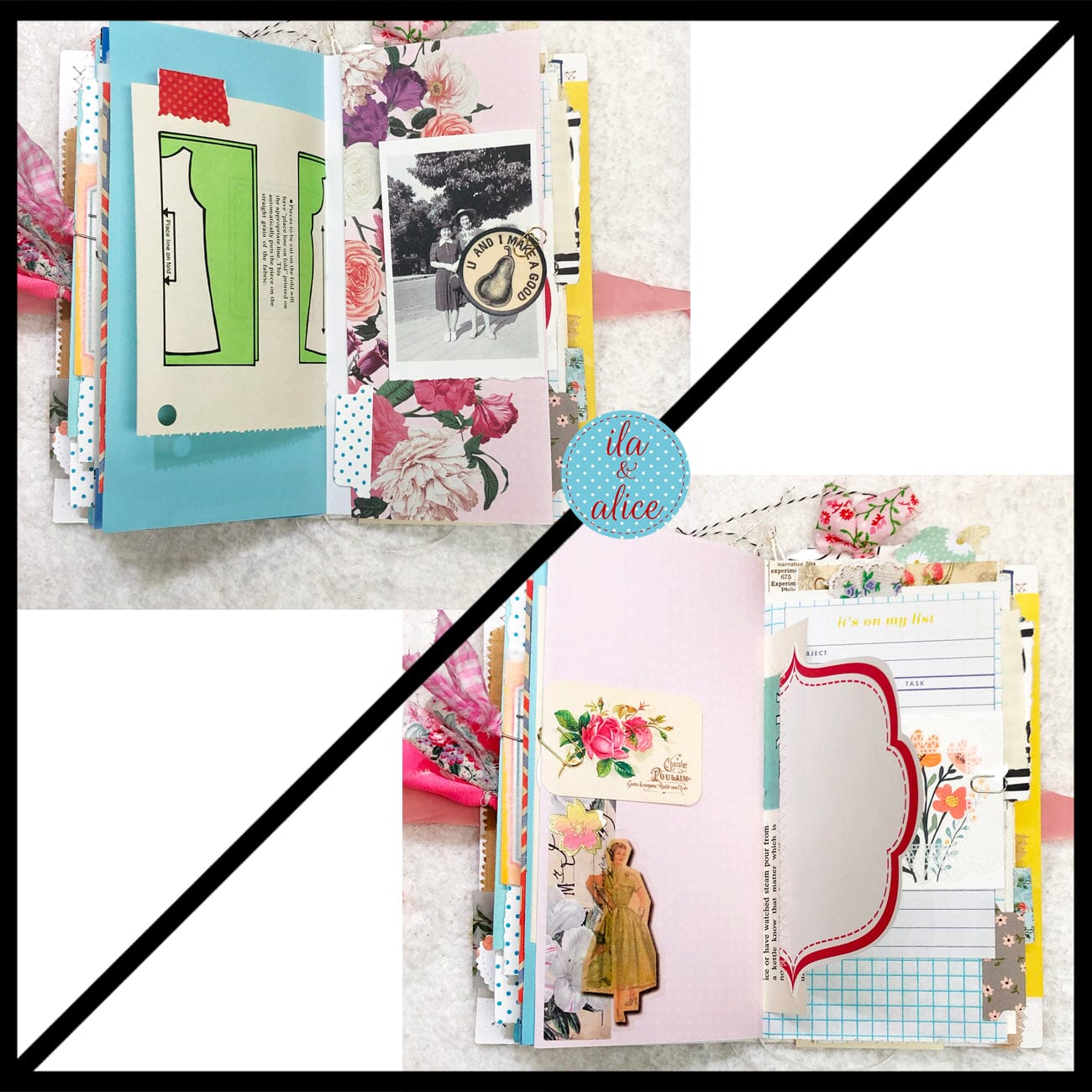 Whimsical Shabby Junk Journal- Pink and Blue Floral with White Eyelet Lace & Pink Roses