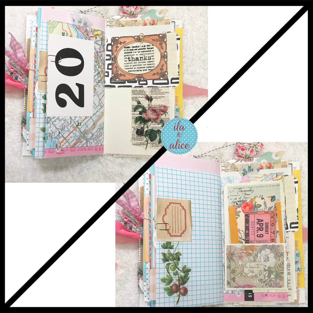 Whimsical Shabby Junk Journal- Pink and Blue Floral with White Eyelet Lace & Pink Roses