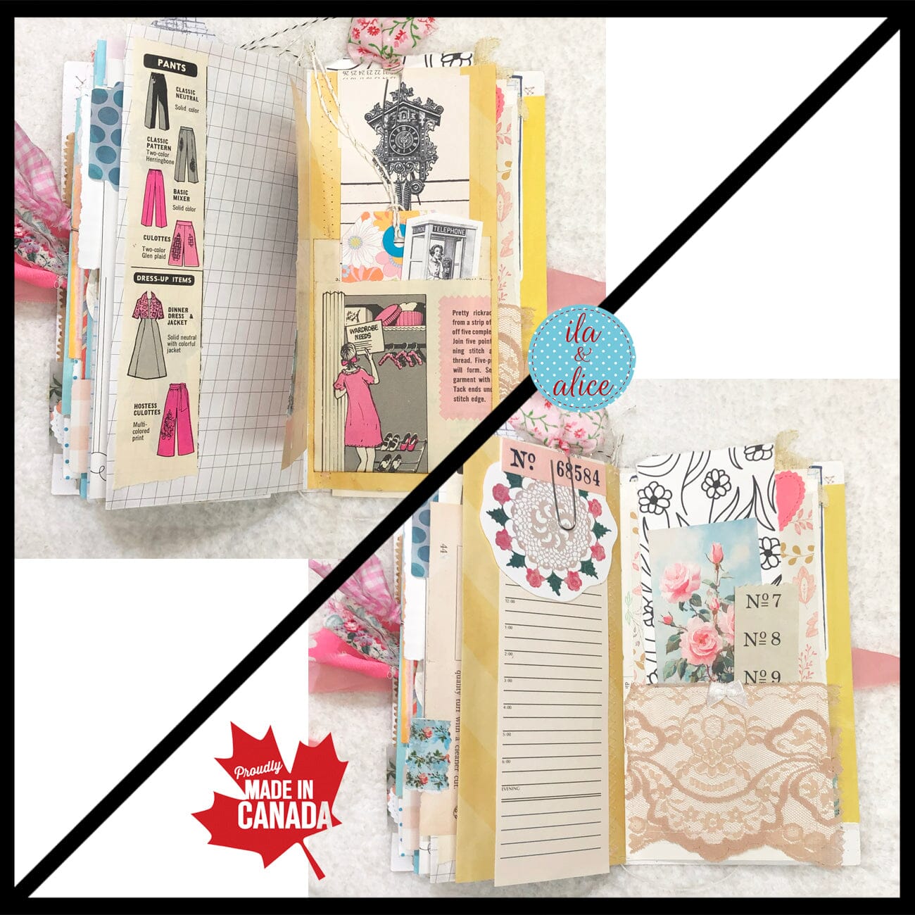 Whimsical Shabby Junk Journal- Pink and Blue Floral with White Eyelet Lace & Pink Roses