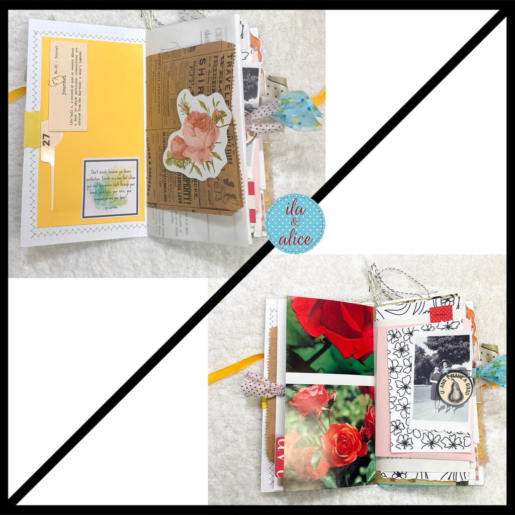 Whimsical Shabby Junk Journal- Pretty Yellow Roses Mixed Media with Lace and Ribbon