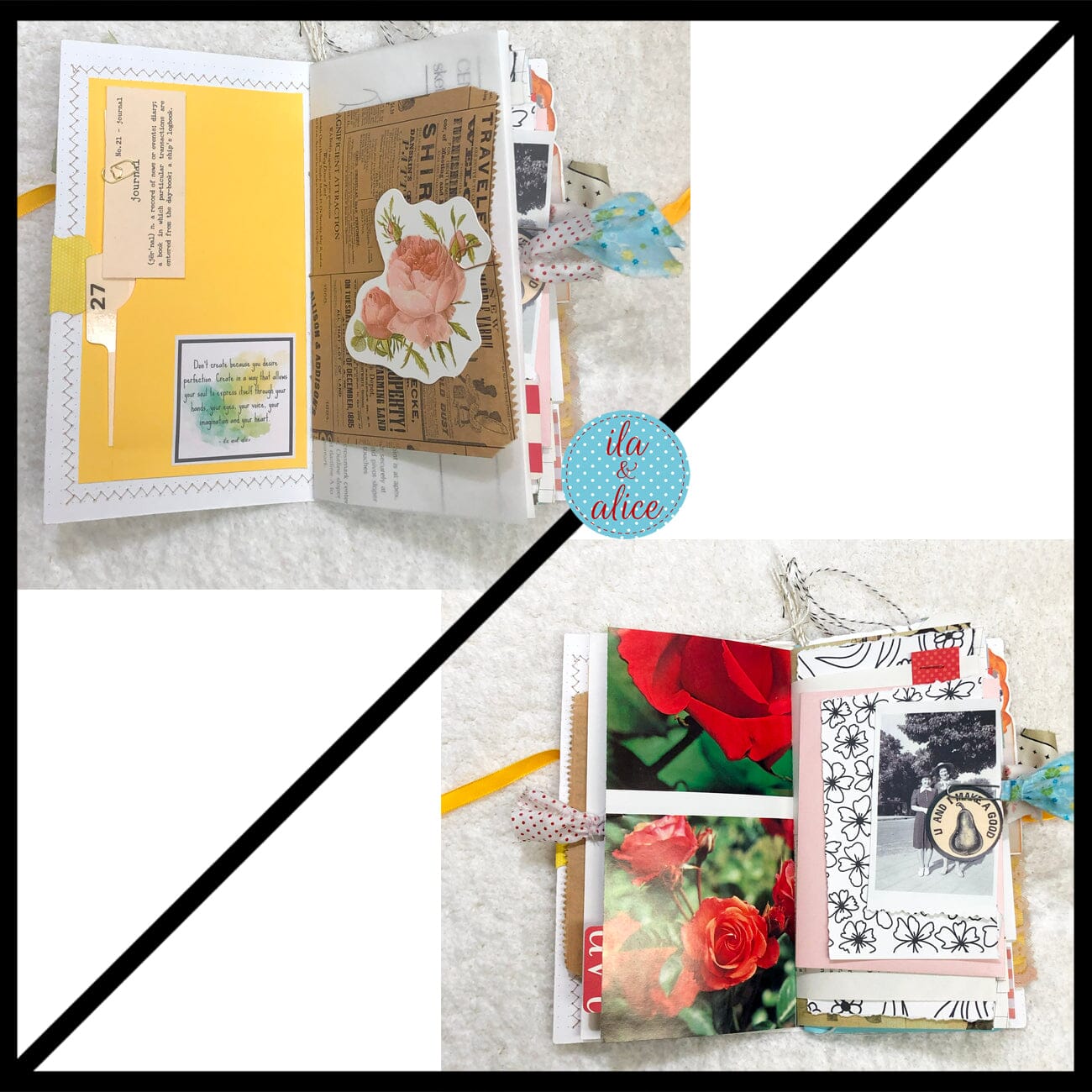 Whimsical Shabby Junk Journal- Pretty Yellow Roses Mixed Media with Lace and Ribbon