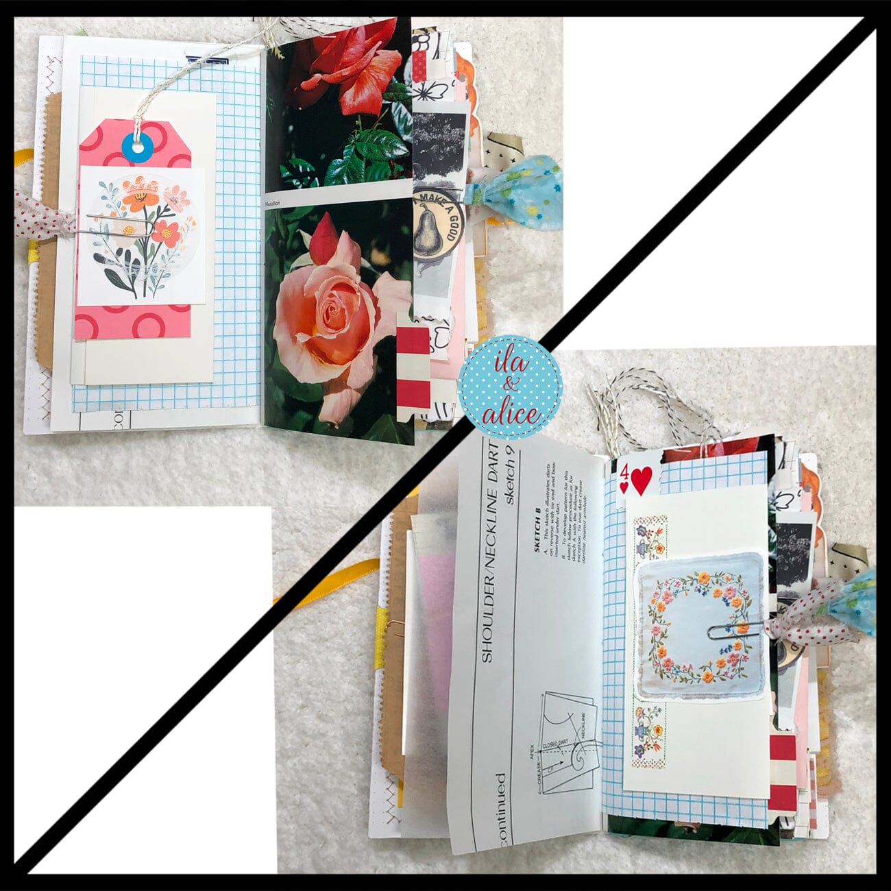 Whimsical Shabby Junk Journal- Pretty Yellow Roses Mixed Media with Lace and Ribbon
