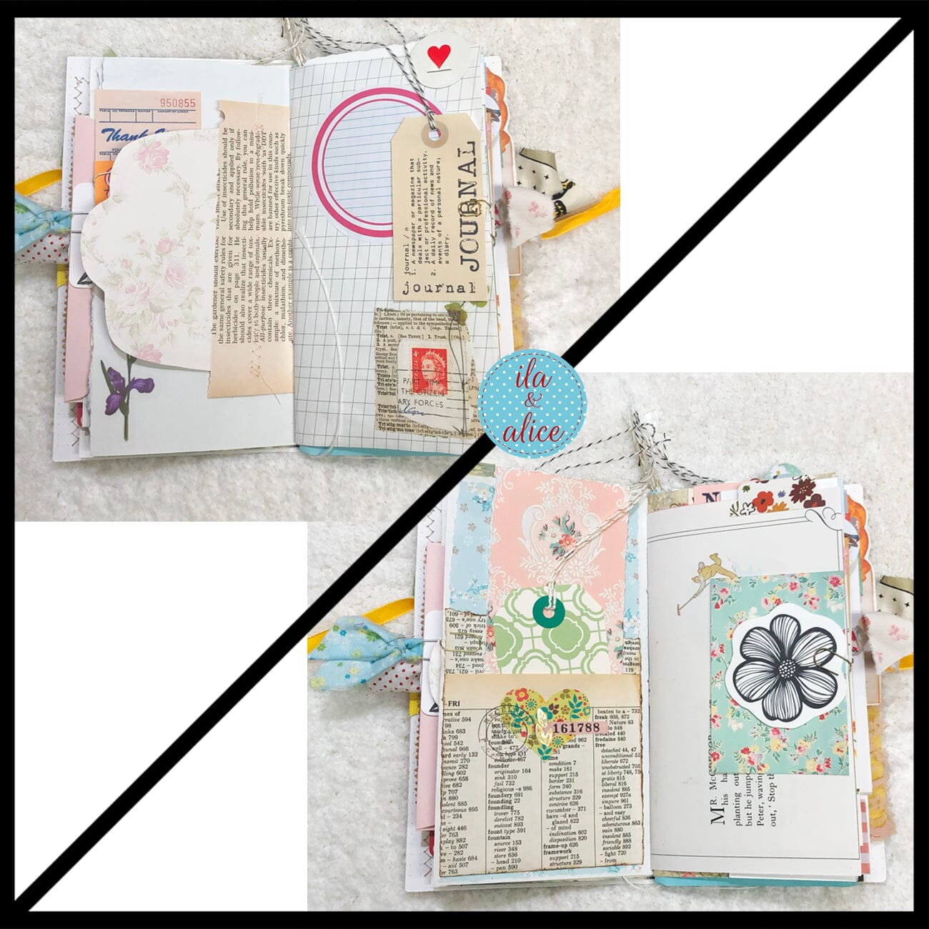 Whimsical Shabby Junk Journal- Pretty Yellow Roses Mixed Media with Lace and Ribbon