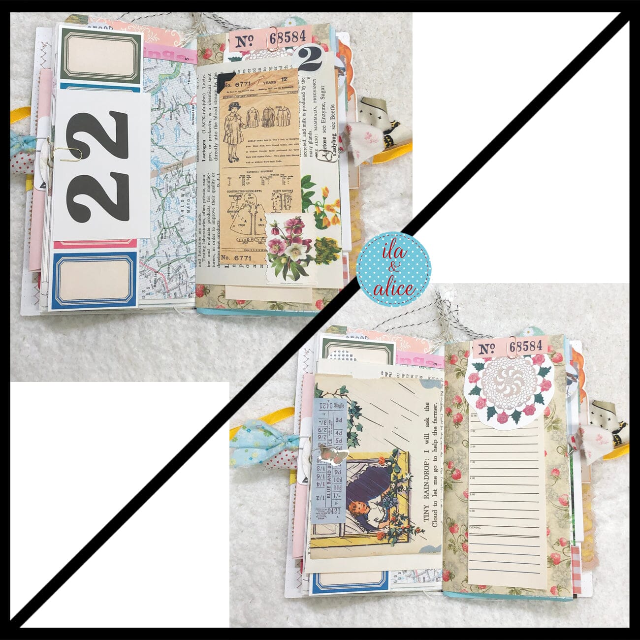 Whimsical Shabby Junk Journal- Pretty Yellow Roses Mixed Media with Lace and Ribbon