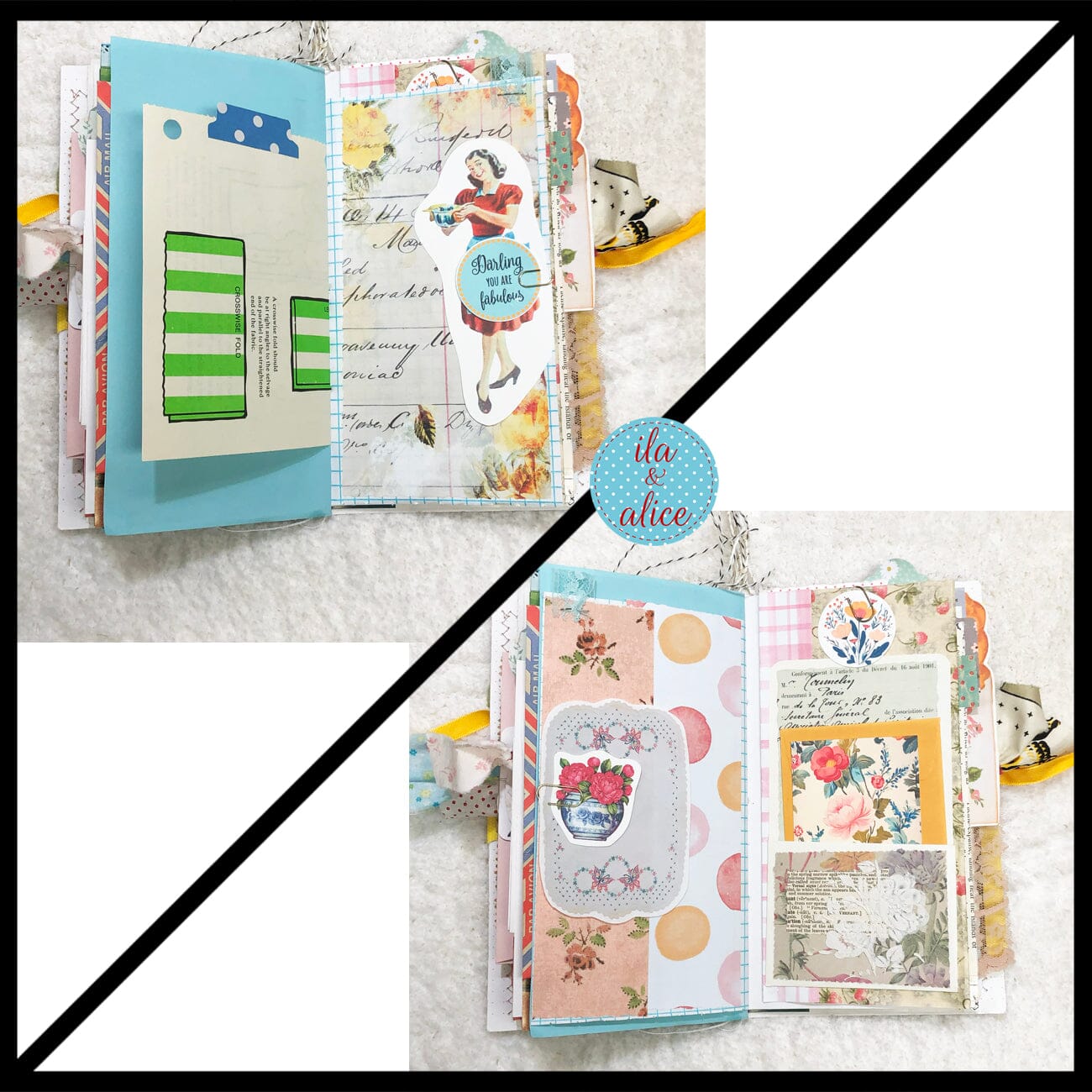 Whimsical Shabby Junk Journal- Pretty Yellow Roses Mixed Media with Lace and Ribbon