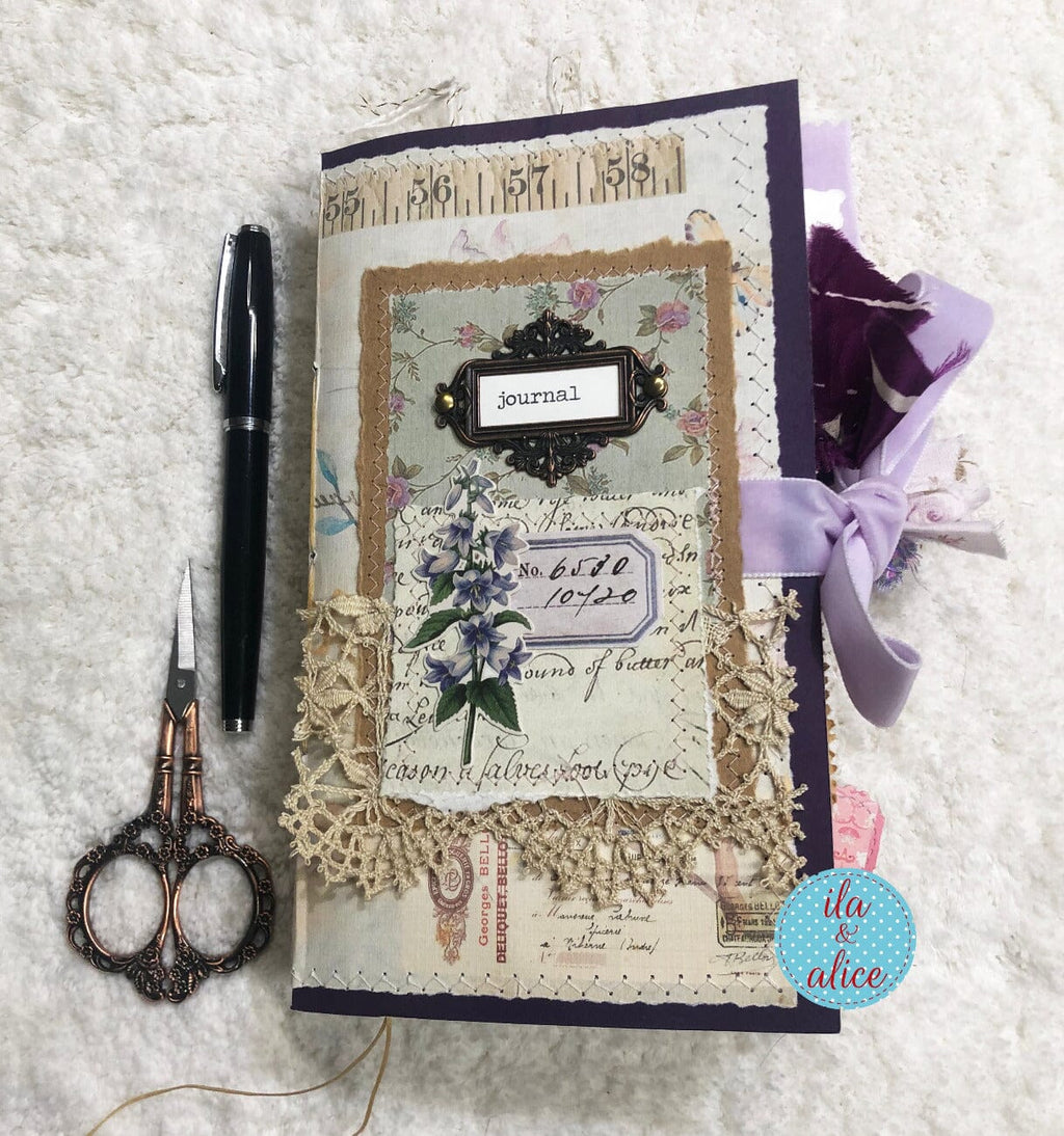 Whimsical Shabby Junk Journal- Purple and Lavender Floral Mixed Media w Lace