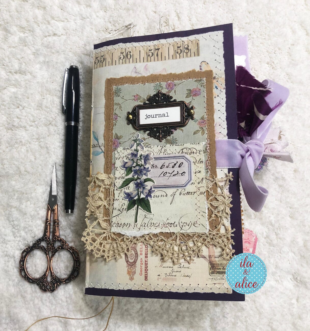 Whimsical Shabby Junk Journal- Purple and Lavender Floral Mixed Media w Lace