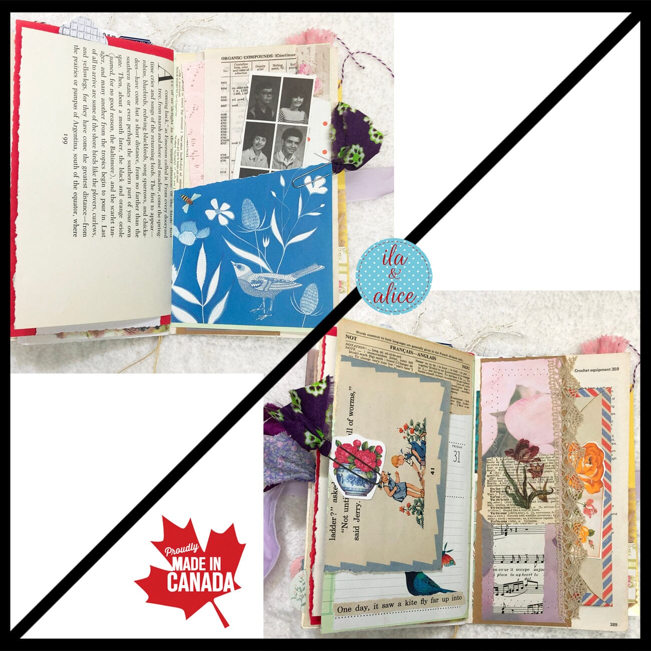 Whimsical Shabby Junk Journal- Purple and Lavender Floral Mixed Media w Lace