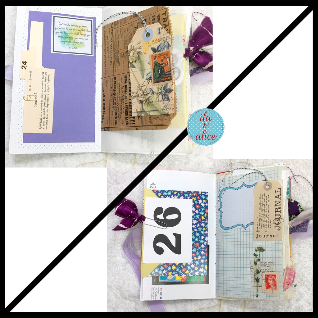 Whimsical Shabby Junk Journal- Purple and Lavender Floral Mixed Media w Lace