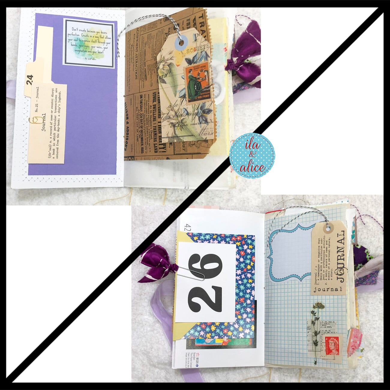 Whimsical Shabby Junk Journal- Purple and Lavender Floral Mixed Media w Lace