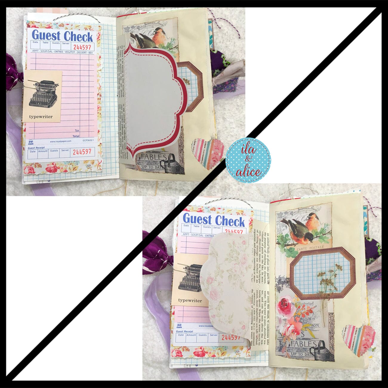 Whimsical Shabby Junk Journal- Purple and Lavender Floral Mixed Media w Lace