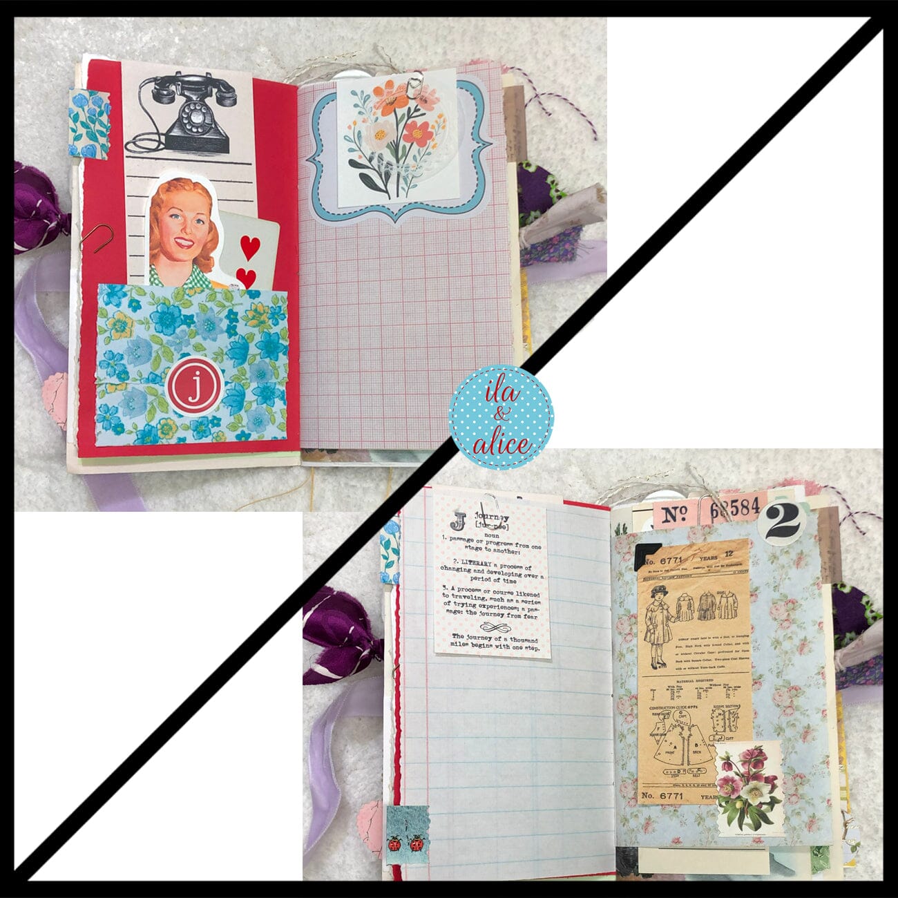 Whimsical Shabby Junk Journal- Purple and Lavender Floral Mixed Media w Lace