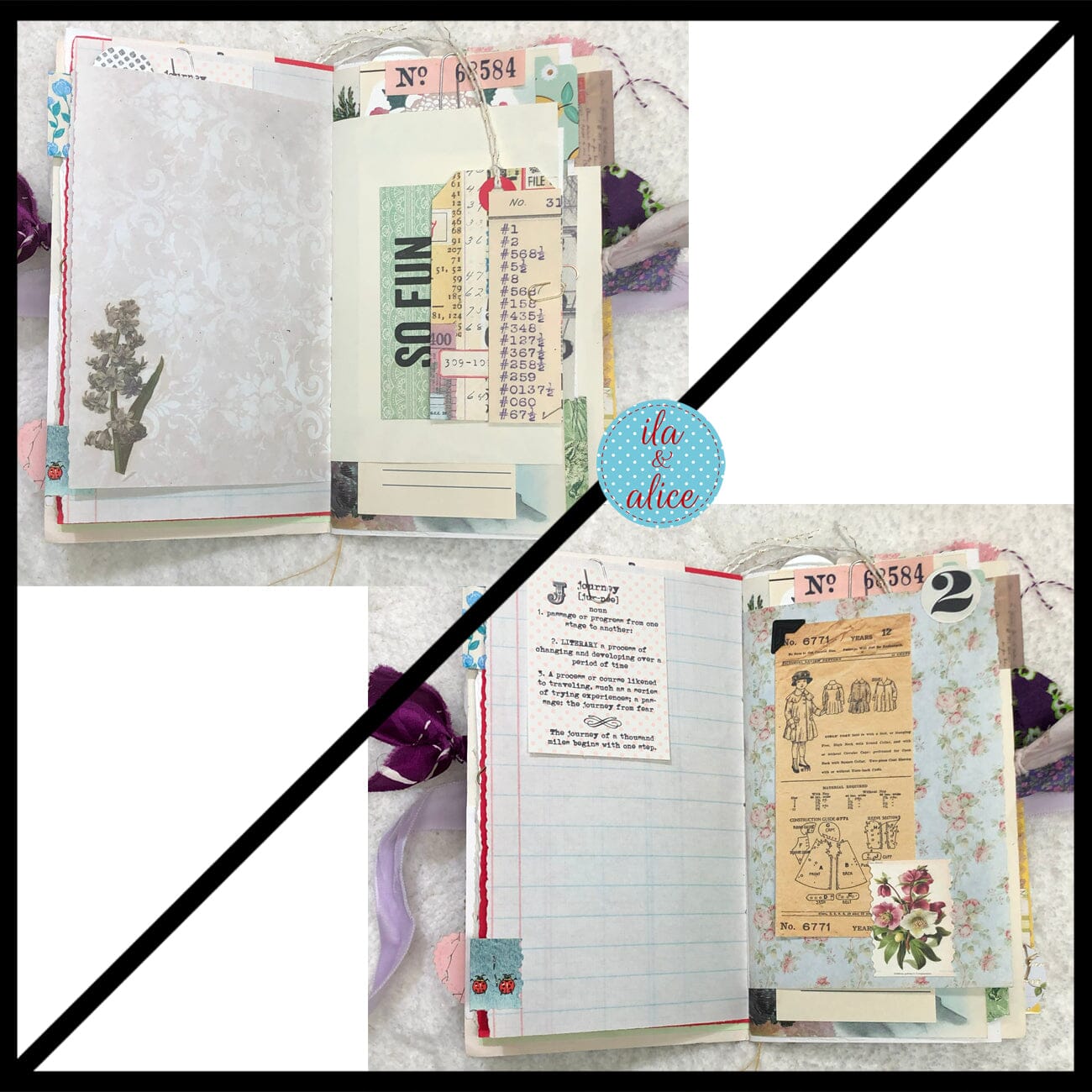 Whimsical Shabby Junk Journal- Purple and Lavender Floral Mixed Media w Lace