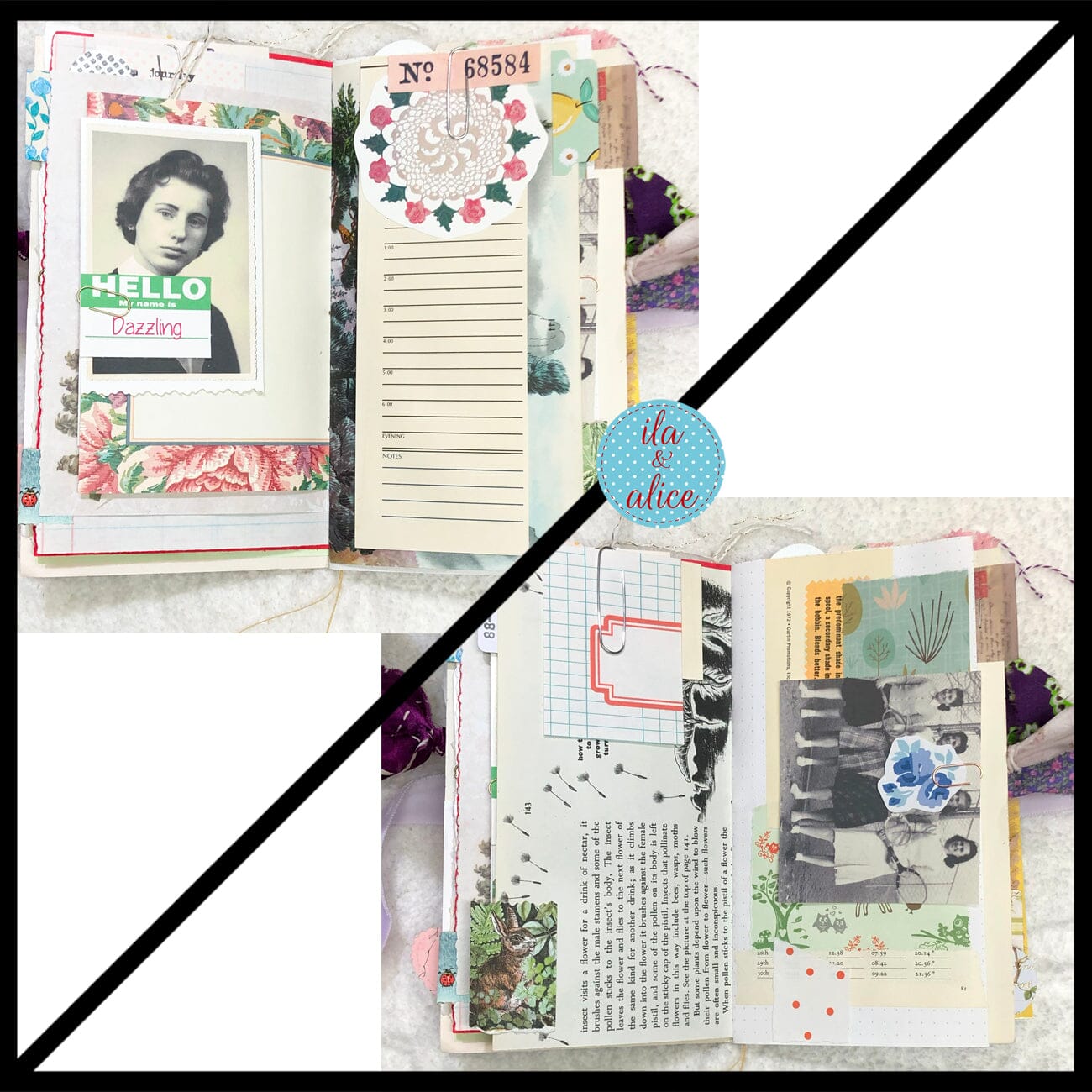 Whimsical Shabby Junk Journal- Purple and Lavender Floral Mixed Media w Lace
