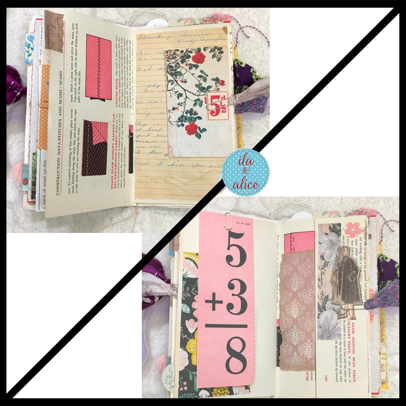 Whimsical Shabby Junk Journal- Purple and Lavender Floral Mixed Media w Lace