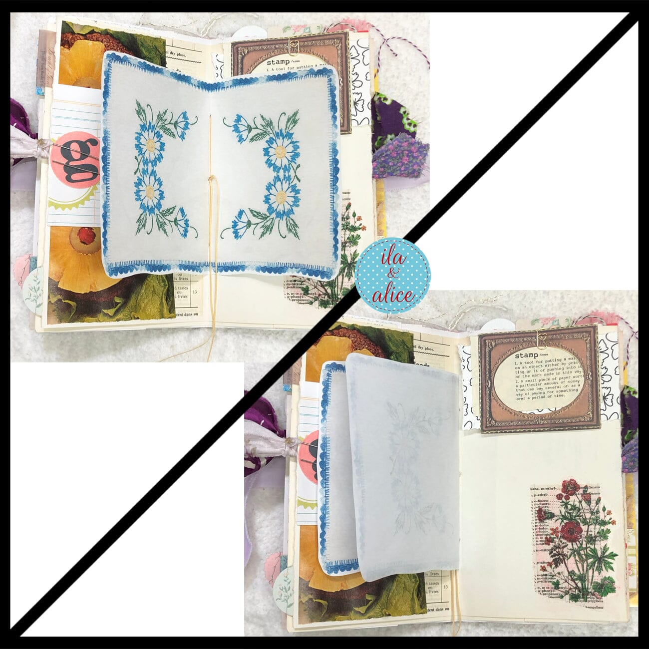 Whimsical Shabby Junk Journal- Purple and Lavender Floral Mixed Media w Lace