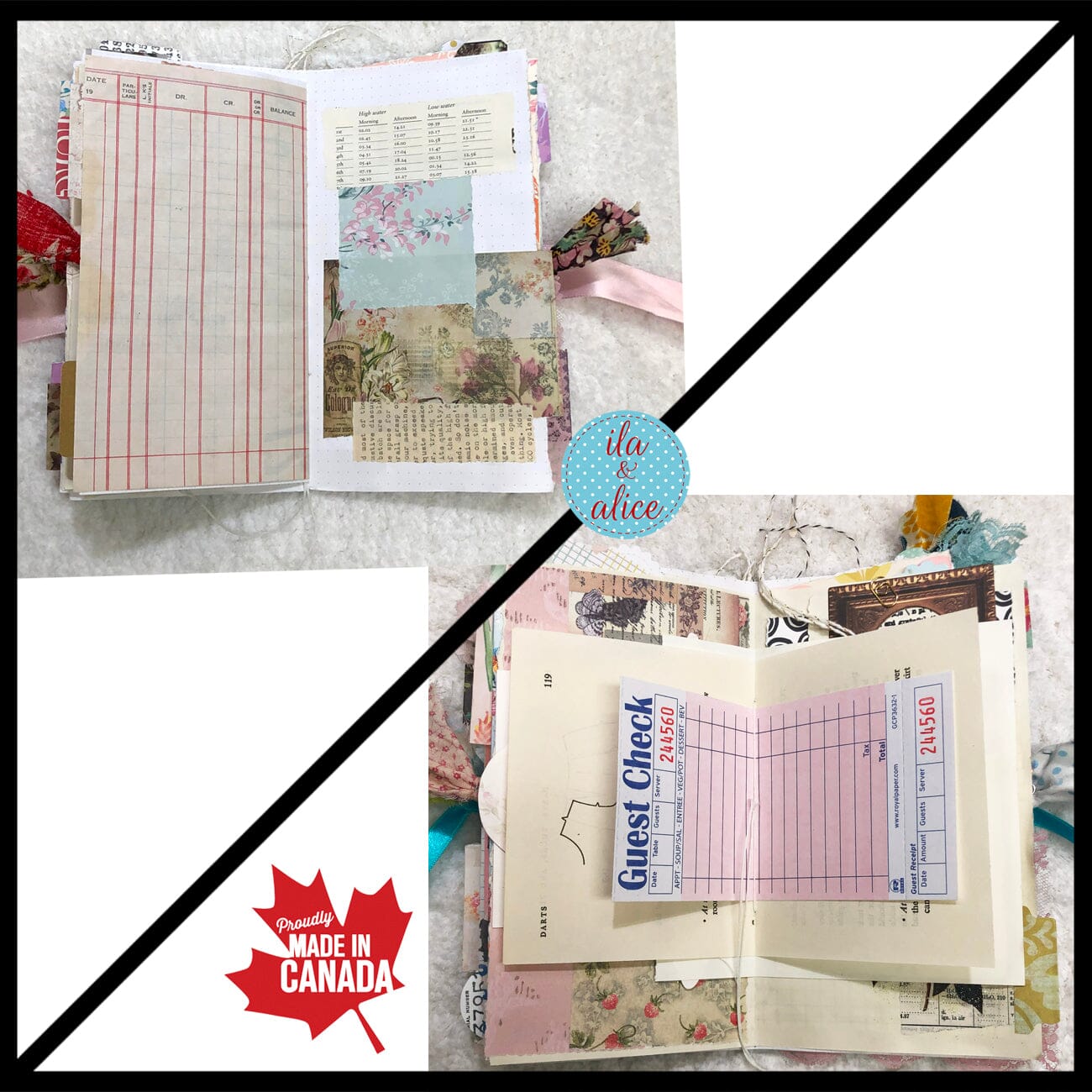 Whimsical Shabby Junk Journal- Pink and Blue with Polka Dots, Red Flowers and Lace