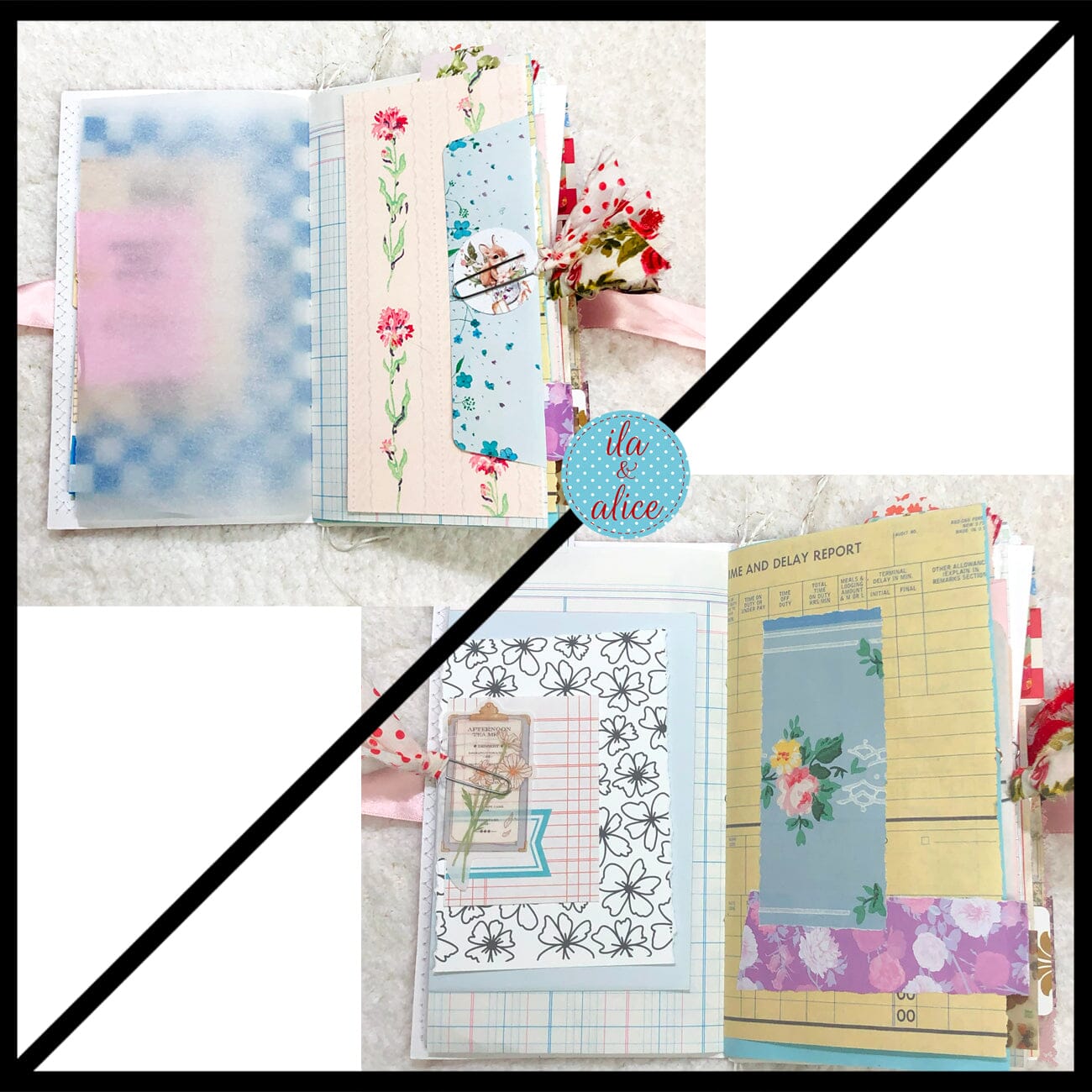 Whimsical Shabby Junk Journal- Pink and Blue with Polka Dots, Red Flowers and Lace