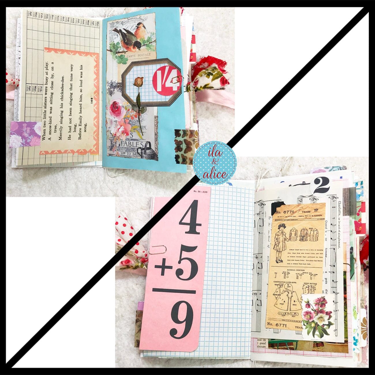 Whimsical Shabby Junk Journal- Pink and Blue with Polka Dots, Red Flowers and Lace