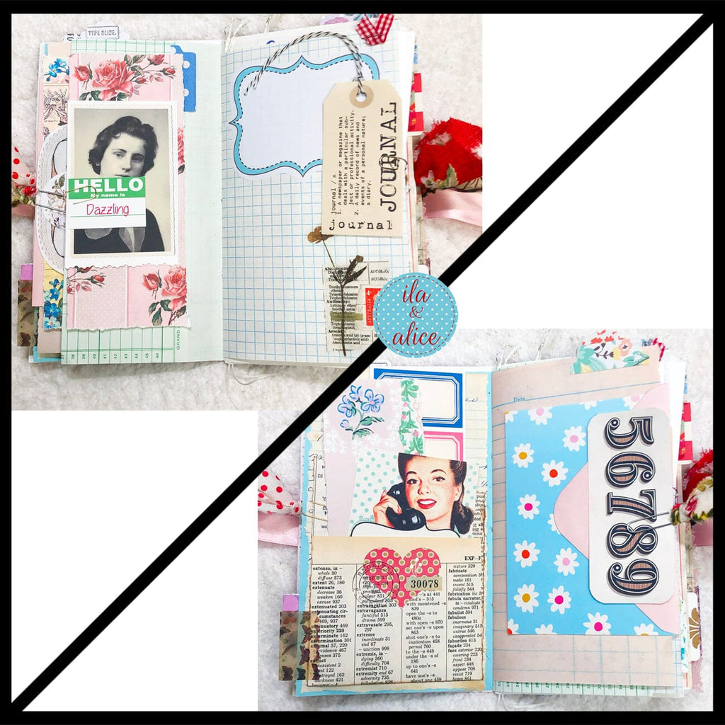 Whimsical Shabby Junk Journal- Pink and Blue with Polka Dots, Red Flowers and Lace